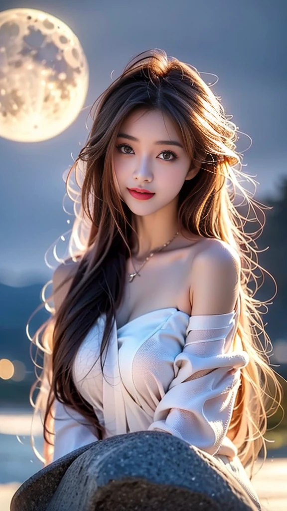 Senji,1 woman,long hair,pink hair,purple eyes,very long hair,hair_decoration,Pink kimono, ((bare shoulders)), ((whole body)), In fact, fashion girl, red lips, mature woman, cosmetics, big eyes, beautiful eyes, ((whole body)), ((from below)), (best quality, masterpiece:1.2), very detailed, (In fact:1.37), ((sexy long legs)), beautiful, young and energetic, Attractive models, big bust, split, (delicate eyes, detailed lips, extremely delicate eyes), Show me a bright smile, Create cool girl images, disapproval, very high saturation, official art, very detailed CG 통합 8k 벽지,(high dynamic range :1.4), (cinematic),(pastel colors, dull color, calm tone :1.3), (natural skin texture, ultra-In fact, soft light, sharp),(very detailed), night, moon, ((In the mountains, plant, leaning against a rock))