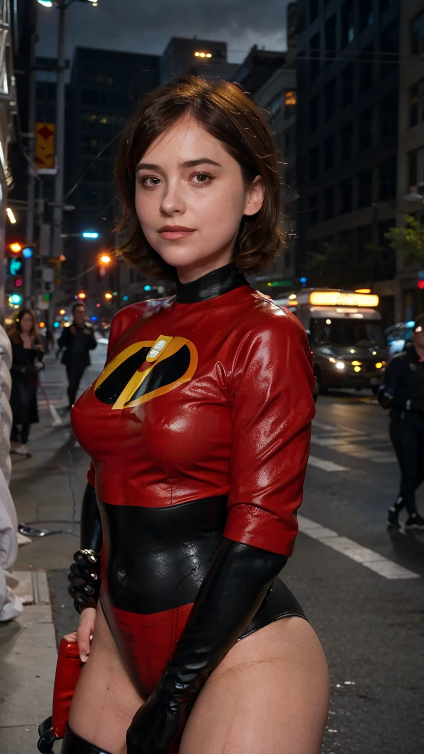 Masterpiece, (photorealistic1.4),Best quality, (solo), (1girl on night street)), (epiCRealLife), (lora:epiCFlashPhoto), (photorealistic1.4), (night scene), (night sky), (Helen Parr latex costume), (dakojohnold ), (dakojohnold),  black elbow gloves), (black thighhigh), (Helen Parr bodysuit), (helen parr thighhigh) (helen parr short hair), (Helen Parr hairstyle), (outside patio), (1girl), (look at viewer), (demure), (close up), (spot light), (flashphoto, flash photography), (night time), (at night), (f/2.8), (cowboy shots), (upper body shot), (from front), (new york night street), (neon signs), (from front), (pose for pictures),  (close portrait)