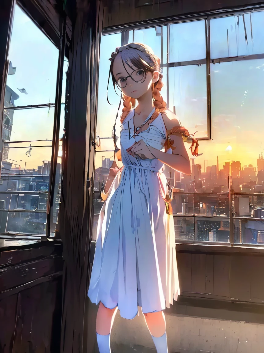 (((masterpiece))) ((( background : romantic theme : students : in library : sunset in the window ))) ((( character : female : fit body :  braided hair : nerd : wearing glasses : white  : blush : shocked expression : standing )))