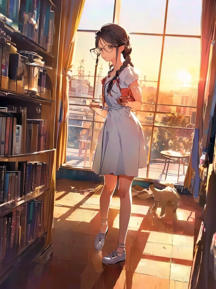 (((masterpiece))) ((( background : romantic theme : students : in library : sunset in the window ))) ((( character : female : fit body :  braided hair : nerd : wearing glasses : white  : blush : shocked expression : standing )))