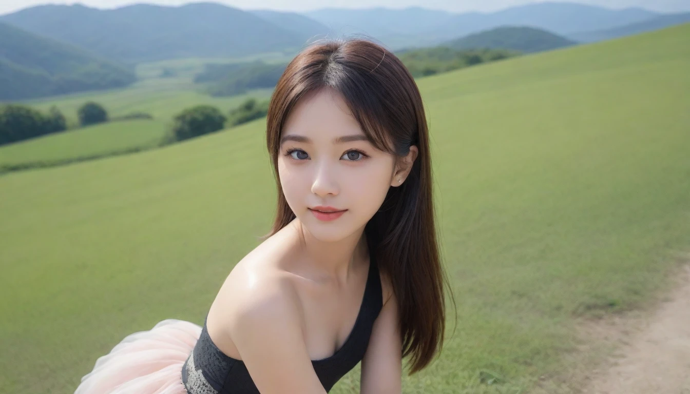 (highest quality, Realistic photos, Raw photo, 16k), (((A beautiful Japanese girl who will charm you,))) ((She is very attractive、In the middle of a beautiful landscape, I send my best love to you., Staring at me with a loving gaze, You will be captivated by the scenes where emotions are expressed with the whole body.,)) (A tiny existence in a vast world、The moment I try my best to move your heart)