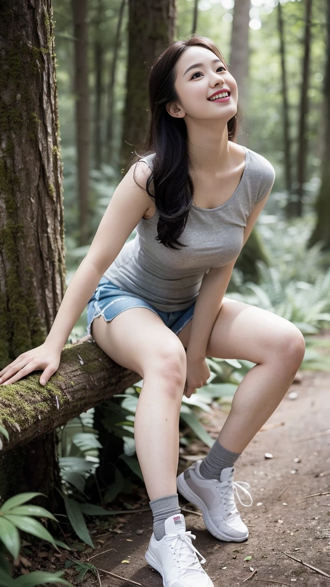 A realistic caricature of a male genital-shaped mushroom, covered in milk, is seen near the trunk of a large tree. Nearby you can see a Korean woman, wearing a black cropped singlet, mini skirt, kneeling, rubbing her neck, head slightly tilted upwards, eyes closed, lips slightly parted.