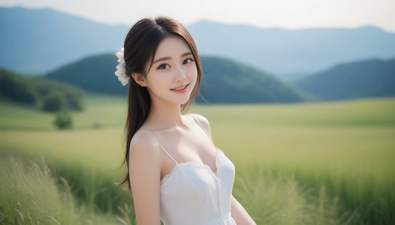8K, Ultra-high resolution, Highest quality, masterpiece, 三分割法によるphotograph,Surreal, photograph, 1 Girl, (:1.3), pretty girl, Cute face, Beautiful eyes in every detail, 細かくdetailedに,masterpiece,, One Girl:1.2, Japan Female Announcer,whole body, The power of nature, ((ローアングルwhole bodyショット:1.3)), Soft white skin, Sharp eyebrows, Thin lashes, Natural Makeup, Cheek Highlighter, Pale pink lips, (High Quality Black Dress:1.3), ((Beautiful thighs in high resolution, Beautiful feet), ((Distant Horizon:1.5)), ((Rural scenery stretching to the horizon:1.3)), ((Overlooking the countryside from the plateau:1.3)), 美しくdetailedな空, Professional Photographer, Professional Lighting, Professional models,Full of sex appeal,Sensual,A carefree smile,soothe my soul,Looking at the audience、Black Hair,Super long straight hair,beauty,Long neck、Laugh a little、Please close your mouth and laugh、(((Ideal body type))),A cup small breasts :2,、Portraiture:2、Perfect Anatomy、鮮明なdetailed、detailed、Surreal、Light and shadow,Strong light