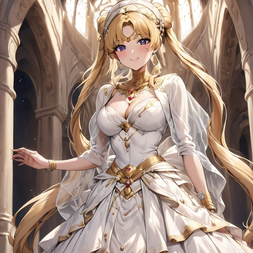 ((Highest quality)), ((masterpiece)), (detailed), （Perfect Face）、The woman is wearing a gorgeous and glittering Egyptian traditional wedding dress with gold embroidery, a hijab, gorgeous jeweled accessories, and an engagement ring in an Egyptian church, and is getting married to a strong Egyptian man.、The woman is the elegant Tsukino Usagi, with long blonde hair in a chignon twin tail.