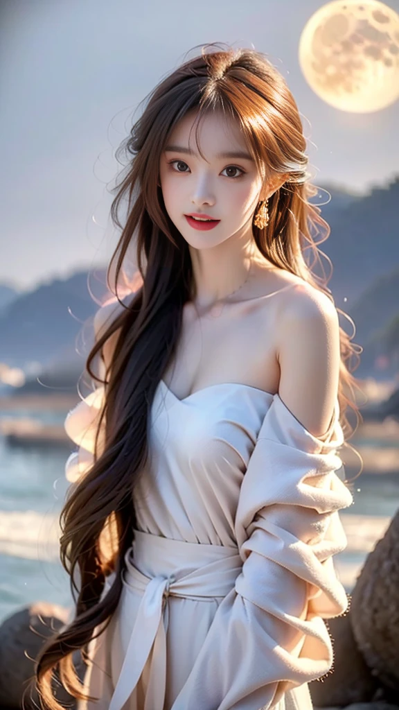 Senji,1 woman,long hair,pink hair,purple eyes,very long hair,hair_decoration,Pink kimono, ((bare shoulders)), ((whole body)), In fact, fashion girl, red lips, mature woman, cosmetics, big eyes, beautiful eyes, ((whole body)), ((from below)), (best quality, masterpiece:1.2), very detailed, (In fact:1.37), ((sexy long legs)), beautiful, young and energetic, Attractive models, big bust, split, (delicate eyes, detailed lips, extremely delicate eyes), Show me a bright smile, Create cool girl images, disapproval, very high saturation, official art, very detailed CG 통합 8k 벽지,(high dynamic range :1.4), (cinematic),(pastel colors, dull color, calm tone :1.3), (natural skin texture, ultra-In fact, soft light, sharp),(very detailed), night, moon, ((In the mountains, plant, leaning against a rock))