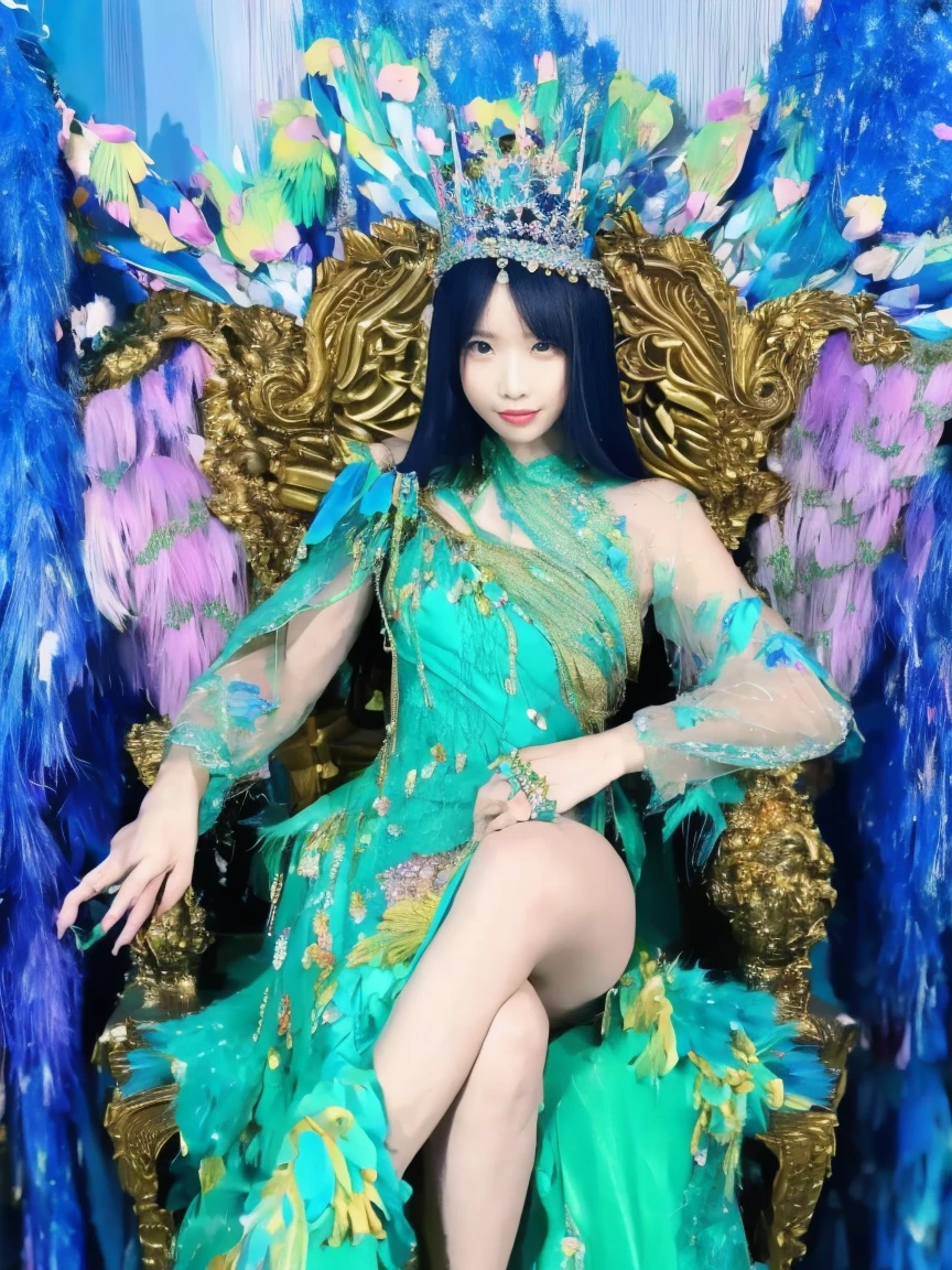 A woman in a dress sits on a chair covered with peacock feathers, a beautiful fantasy queen, ((a beautiful fantasy queen)), Sha Xi, gorgeous lady, elegant beauty, Fantasy long intricate dress, beautiful ruan jia!, dilraba dilmurat, elaborate fantasy dress, ethereal imagination, fairy fantasy, Full body immortality, gorgeous woman
