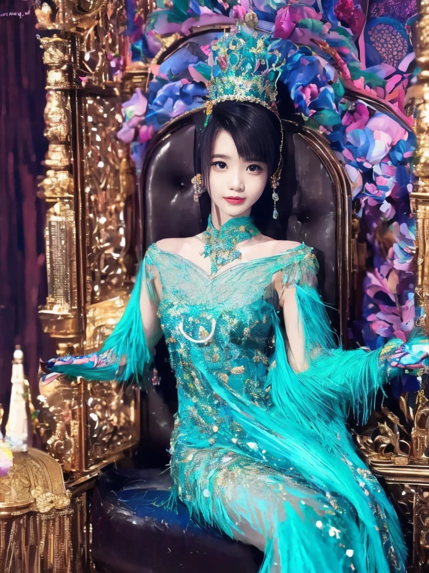 A woman in a dress sits on a chair covered with peacock feathers, a beautiful fantasy queen, ((a beautiful fantasy queen)), Sha Xi, gorgeous lady, elegant beauty, Fantasy long intricate dress, beautiful ruan jia!, dilraba dilmurat, elaborate fantasy dress, ethereal imagination, fairy fantasy, Full body immortality, gorgeous woman
