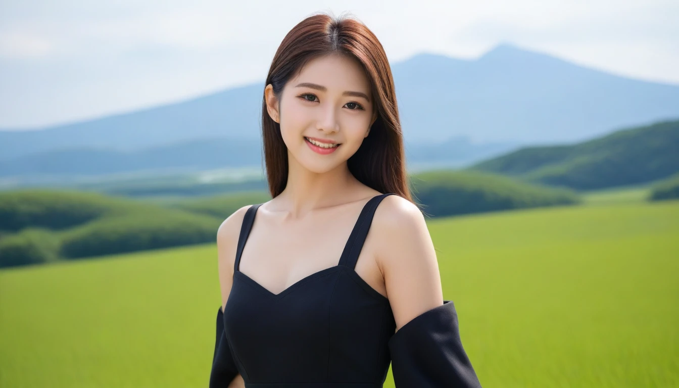 8K, Ultra-high resolution, Highest quality, masterpiece, 三分割法によるphotograph,Surreal, photograph, 1 Girl, (16 years old:1.3), pretty girl, Cute face, Beautiful eyes in every detail, 細かくdetailedに,masterpiece,, One Girl:1.2, Japan Female Announcer,whole body, The power of nature, ((ローアングルwhole bodyショット:1.3)), Soft white skin, Sharp eyebrows, Thin lashes, Natural Makeup, Cheek Highlighter, Pale pink lips, (High Quality Black Dress:1.3), ((Beautiful thighs in high resolution, Beautiful feet), ((Distant Horizon:1.5)), ((Rural scenery stretching to the horizon:1.3)), ((Overlooking the countryside from the plateau:1.3)), 美しくdetailedな空, Professional Photographer, Professional Lighting, Professional models,Full of sex appeal,Sensual,A carefree smile,soothe my soul,Looking at the audience、Black Hair,Super long straight hair,beauty,Long neck、Laugh a little、Please close your mouth and laugh、(((Ideal body type))),A cup small breasts :2,、Portraiture:2、Perfect Anatomy、鮮明なdetailed、detailed、Surreal、Light and shadow,Strong light
