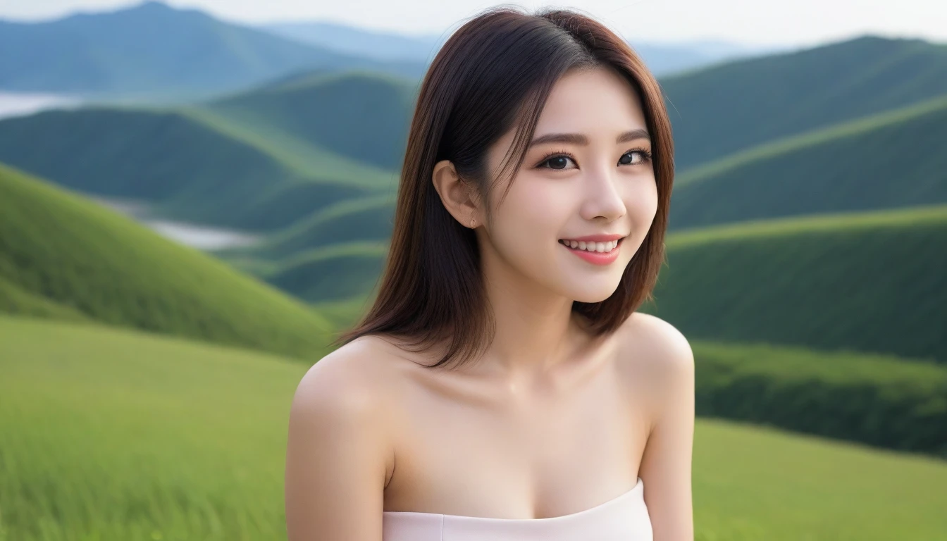 8K, Ultra-high resolution, Highest quality, masterpiece, 三分割法によるphotograph,Surreal, photograph, 1 Girl, (:1.3), pretty girl, Cute face, Beautiful eyes in every detail, 細かくdetailedに,masterpiece,, One Girl:1.2, Japan Female Announcer,whole body, The power of nature, ((ローアングルwhole bodyショット:1.3)), Soft white skin, Sharp eyebrows, Thin lashes, Natural Makeup, Cheek Highlighter, Pale pink lips, (High Quality Black Dress:1.3), ((Beautiful thighs in high resolution, Beautiful feet), ((Distant Horizon:1.5)), ((Rural scenery stretching to the horizon:1.3)), ((Overlooking the countryside from the plateau:1.3)), 美しくdetailedな空, Professional Photographer, Professional Lighting, Professional models,Full of sex appeal,Sensual,A carefree smile,soothe my soul,Looking at the audience、Black Hair,Super long straight hair,beauty,Long neck、Laugh a little、Please close your mouth and laugh、(((Ideal body type))),A cup small breasts :2,、Portraiture:2、Perfect Anatomy、鮮明なdetailed、detailed、Surreal、Light and shadow,Strong light