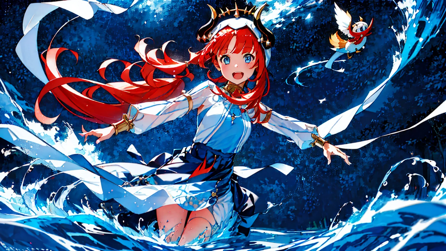 Extremely detailed representation，high quality，16K、8K、high resolution、masterpiece、1 Girl、Please open your mouth wide、Please laugh out loud、Beautiful Teeth,Look up at the starry sky,Floating on the surface of the water,Floating on water,stars shining on the water surface,Calm water surface,White Dress,Redhead,Two black horns