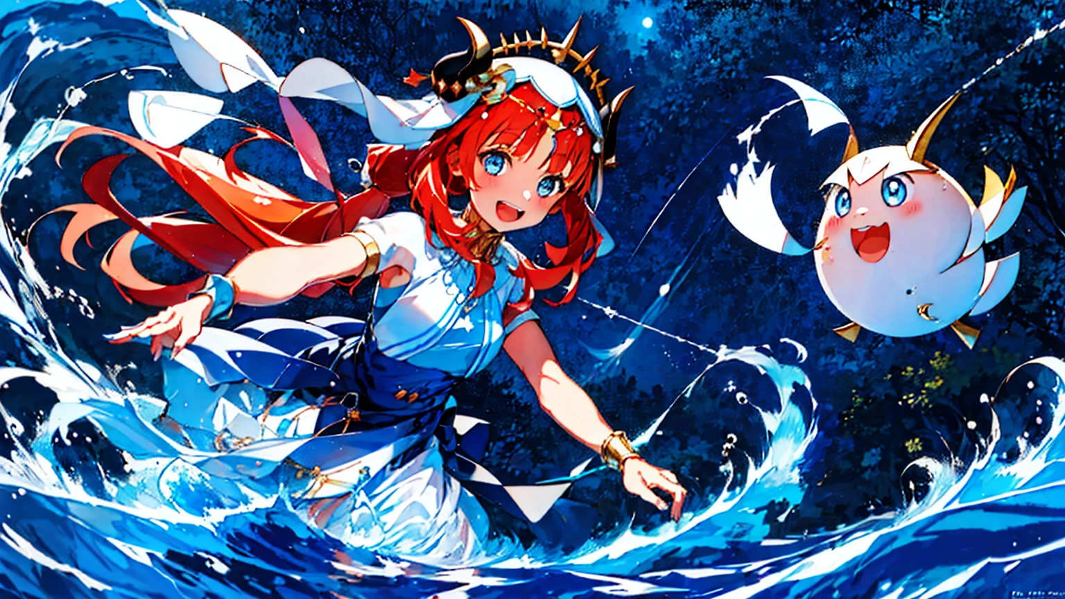 Extremely detailed representation，high quality，16K、8K、high resolution、masterpiece、1 Girl、Please open your mouth wide、Please laugh out loud、Beautiful Teeth,Look up at the starry sky,Floating on the surface of the water,Floating on water,stars shining on the water surface,Calm water surface,White Dress,Redhead,Two black horns