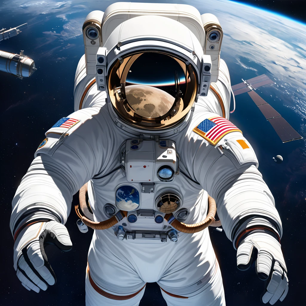 Realistic, super detailed, space, universe,Space suit, astronaut, Earth background, moon, astronomia, international space station,Smoke glass,