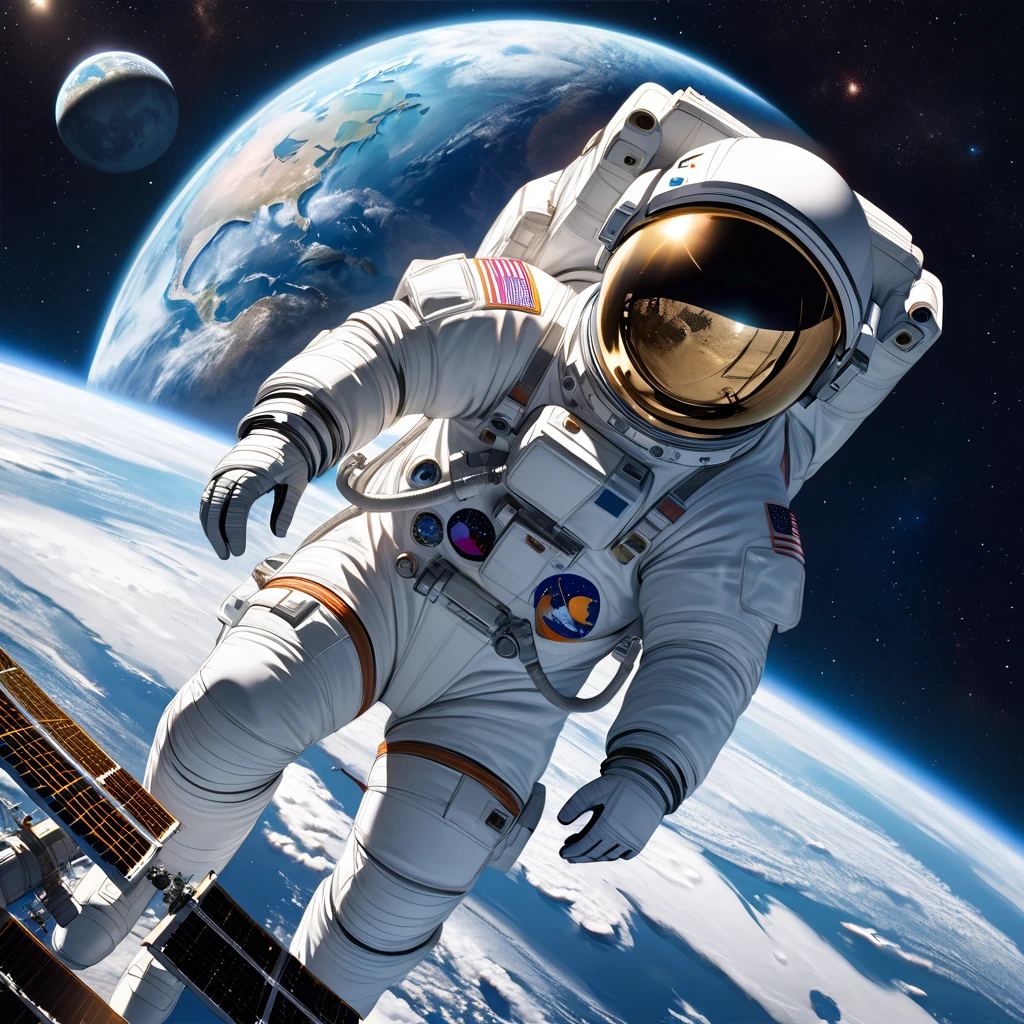 Realistic, super detailed, space, universe,Space suit, astronaut, Earth background, moon, astronomia, international space station,Smoke glass,