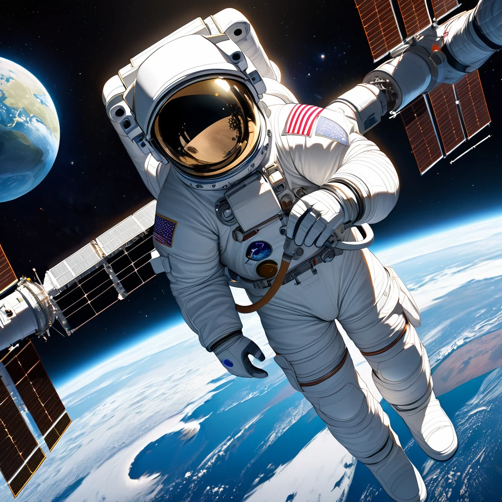 Realistic, super detailed, space, universe,Space suit, astronaut, Earth background, moon, astronomia, international space station,Smoke glass,