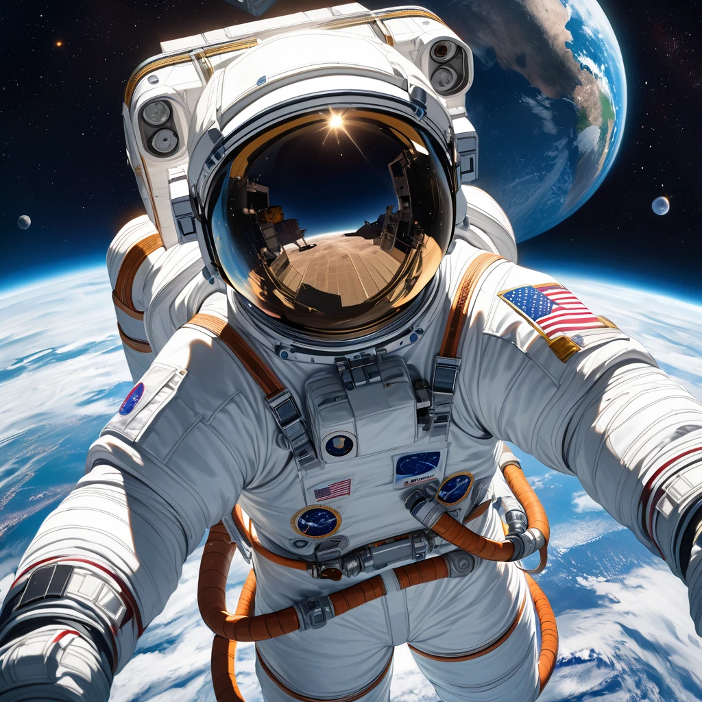 Realistic, super detailed, space, universe,Space suit, astronaut, Earth background, moon, astronomia, international space station,Smoke glass,