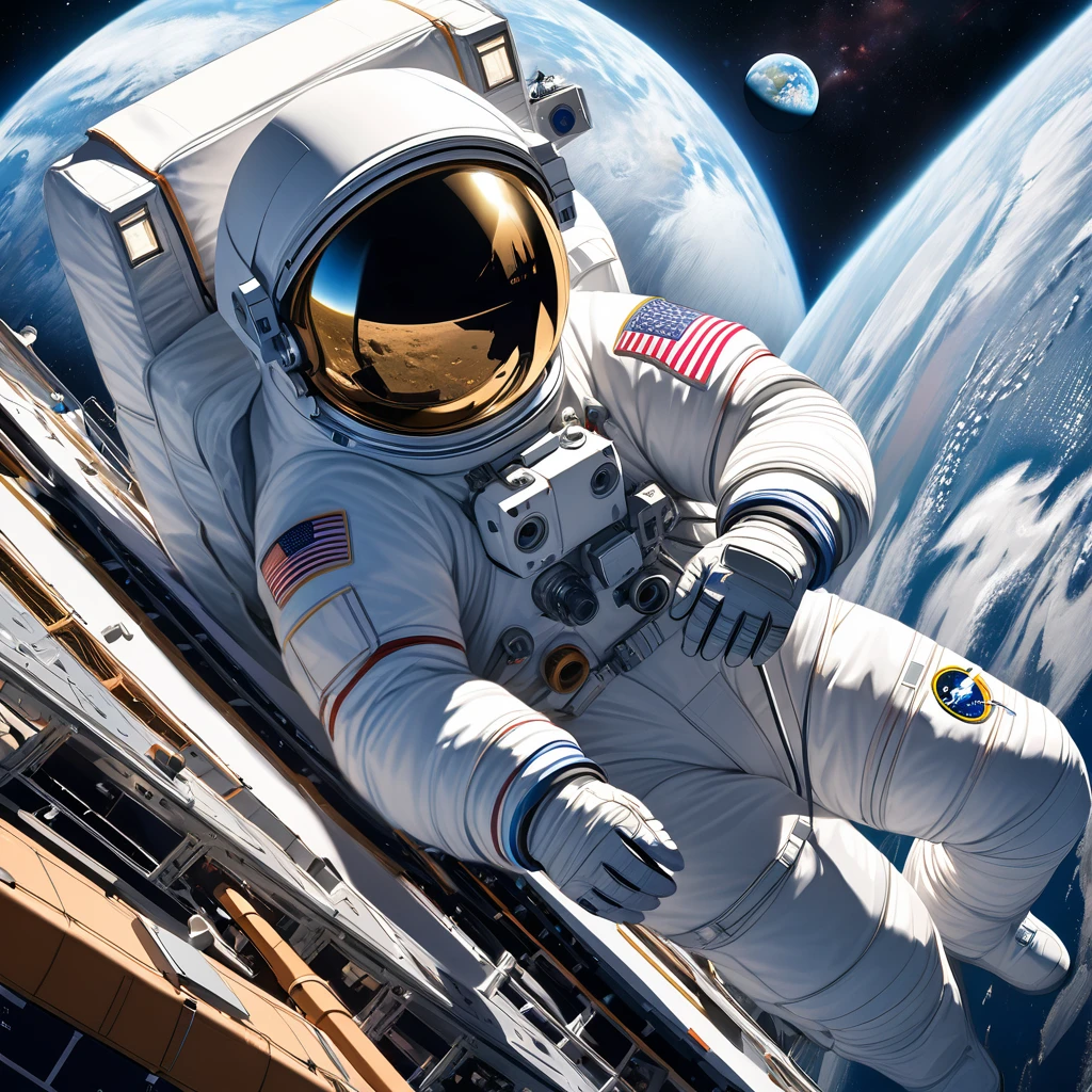 Realistic, super detailed, space, universe,Space suit, astronaut, Earth background, moon, astronomia, international space station,Smoke glass,