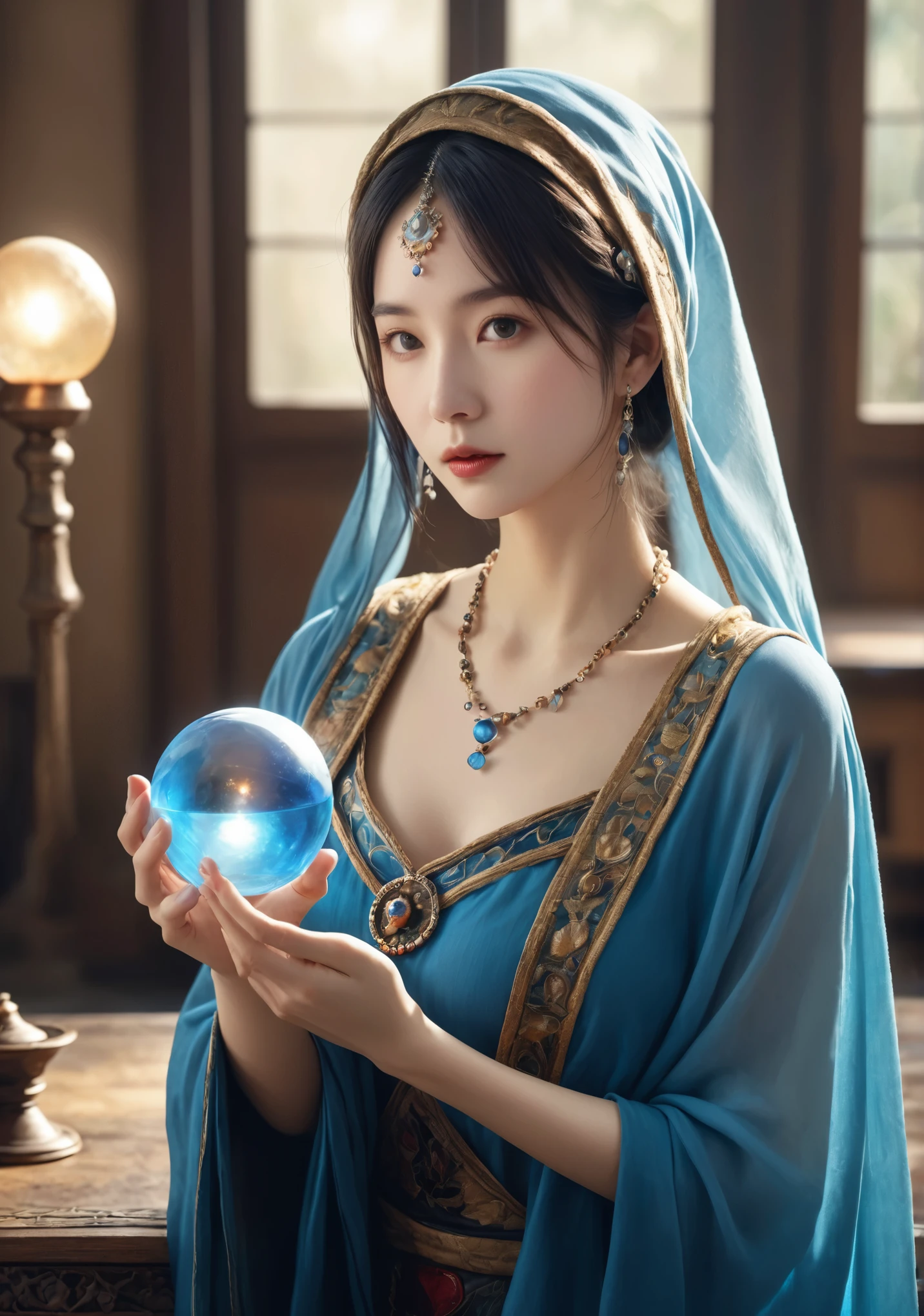 Overall body orientation: front. 女性fortune teller. charm, Beautiful and mysterious. She has a blue cape on her head、The face is clear。. The background is bright and sparkling. The atmosphere is filled with anxiety and anticipation... fortune teller is standing. He has a crystal ball in each hand. The lighting in the room is bright, Create a great atmosphere. Best image quality, 4K or 8K resolution. Extremely fine detail、that&#39;Photorealistic. Artistic style is、that should reflect the formula&#39;Beautiful bright colors and strong contrast。. The color palette should emphasize the mysterious and mystical theme of the piece... fortune teller&#39;The cloak is adorned with metal trim and intricate designs.., Thickness ratio 1.5. The overall atmosphere is great and amazing. fortune teller&#39;The expression on his face should evoke a mysterious interest... fortune teller以外誰もいない.