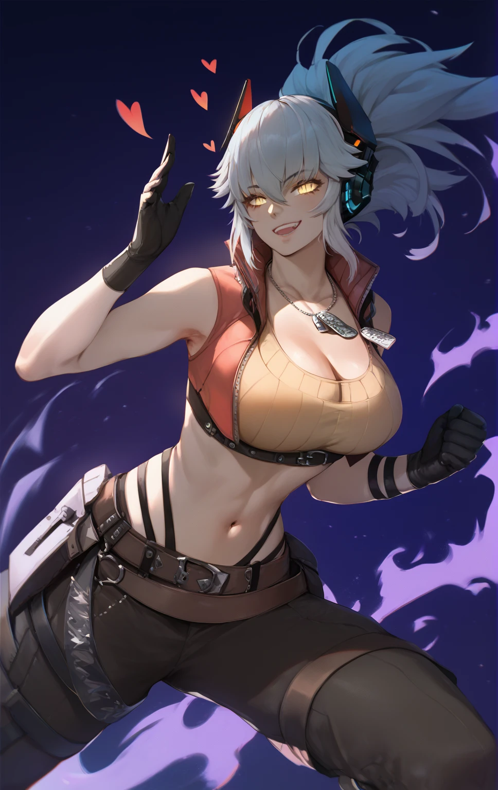 score_9, score_8_up, score_7_up, score_6_up, uncensored,score_9, score_8_up, score_7_up, score_6_up, uncensored, zentreya, zencyber, short hair, white hair, hair ornament, yellow eyes, slit pupils, BREAK (masterpiece:1.2), best quality, high resolution, (detailed eyes:1.3), perfect lighting, (perfect hands, perfect anatomy), hearts, pleasured, (large breasts), rating:safe, 1girl, gloves, solo, breasts, dog_tags, pants, belt, cleavage, navel, fighting_stance, midriff, military, crop_top, ribbon, looking_at_viewer, hollow eyes, smirk, upper teeth