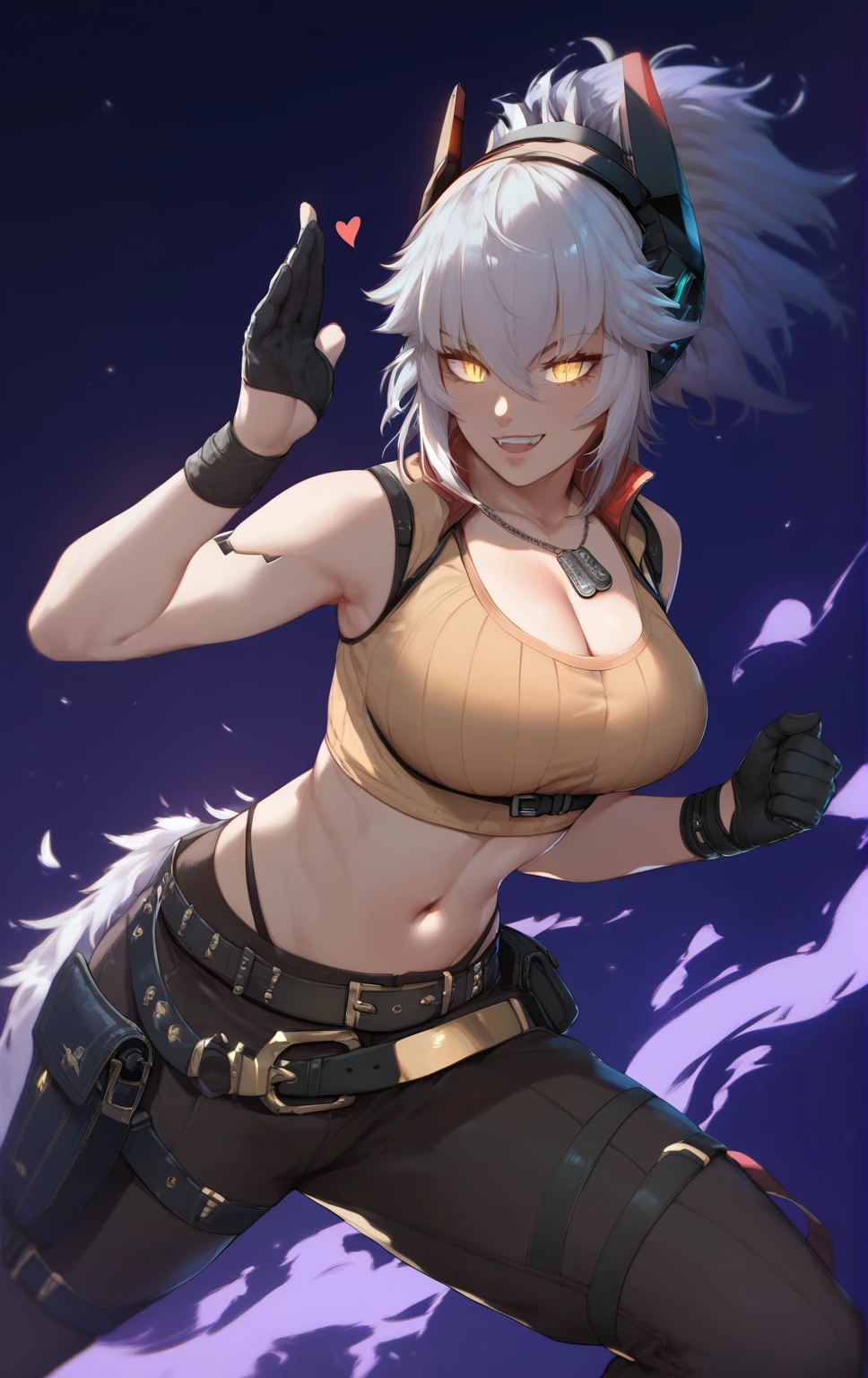 score_9, score_8_up, score_7_up, score_6_up, uncensored,score_9, score_8_up, score_7_up, score_6_up, uncensored, zentreya, zencyber, short hair, white hair, hair ornament, yellow eyes, slit pupils, BREAK (masterpiece:1.2), best quality, high resolution, (detailed eyes:1.3), perfect lighting, (perfect hands, perfect anatomy), hearts, pleasured, (large breasts), rating:safe, 1girl, gloves, solo, breasts, dog_tags, pants, belt, cleavage, navel, fighting_stance, midriff, military, crop_top, ribbon, looking_at_viewer, hollow eyes, smirk, upper teeth