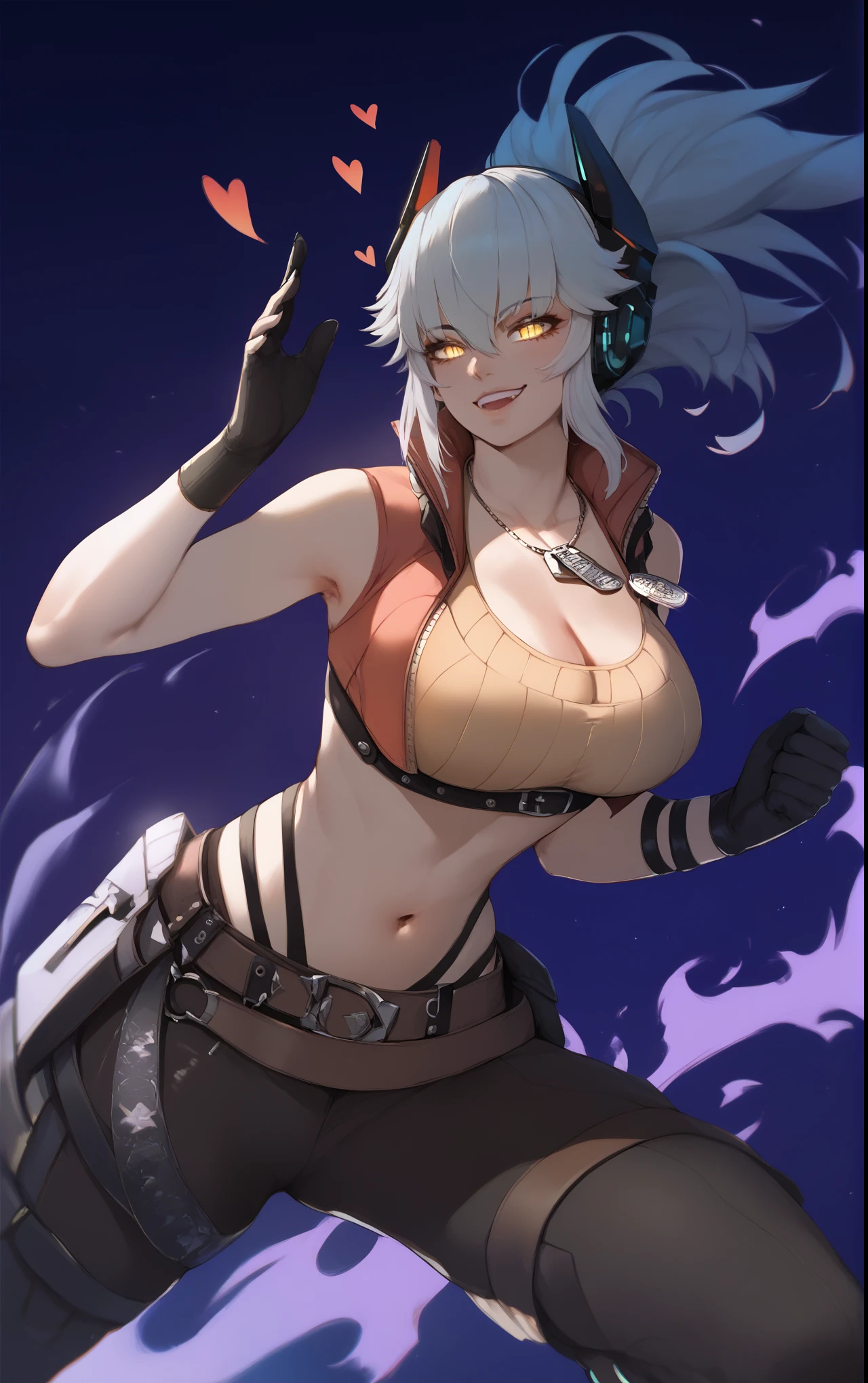 score_9, score_8_up, score_7_up, score_6_up, uncensored,score_9, score_8_up, score_7_up, score_6_up, uncensored, zentreya, zencyber, short hair, white hair, hair ornament, yellow eyes, slit pupils, BREAK (masterpiece:1.2), best quality, high resolution, (detailed eyes:1.3), perfect lighting, (perfect hands, perfect anatomy), hearts, pleasured, (large breasts), rating:safe, 1girl, gloves, solo, breasts, dog_tags, pants, belt, cleavage, navel, fighting_stance, midriff, military, crop_top, ribbon, looking_at_viewer, hollow eyes, smirk, upper teeth