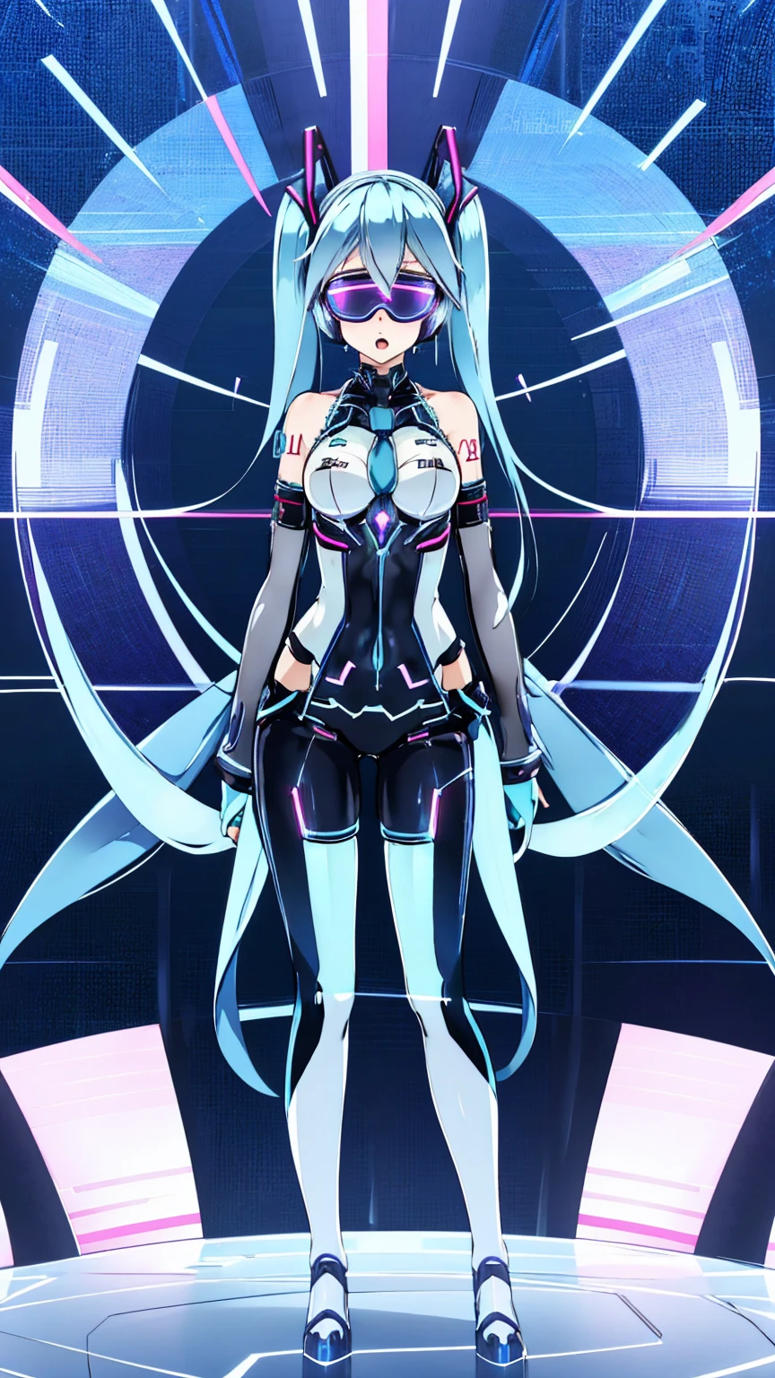 Hatsune Miku Vocaloid, Twin tails, Bright Blue Eyes, Light blue hair, Bodysuits, cyber punk, Ultimate Physical Beauty, Beautiful Eyes, Embarrassed look , Sexy Costumes, Big Chest, 8K CG, Highest quality, Best image quality,