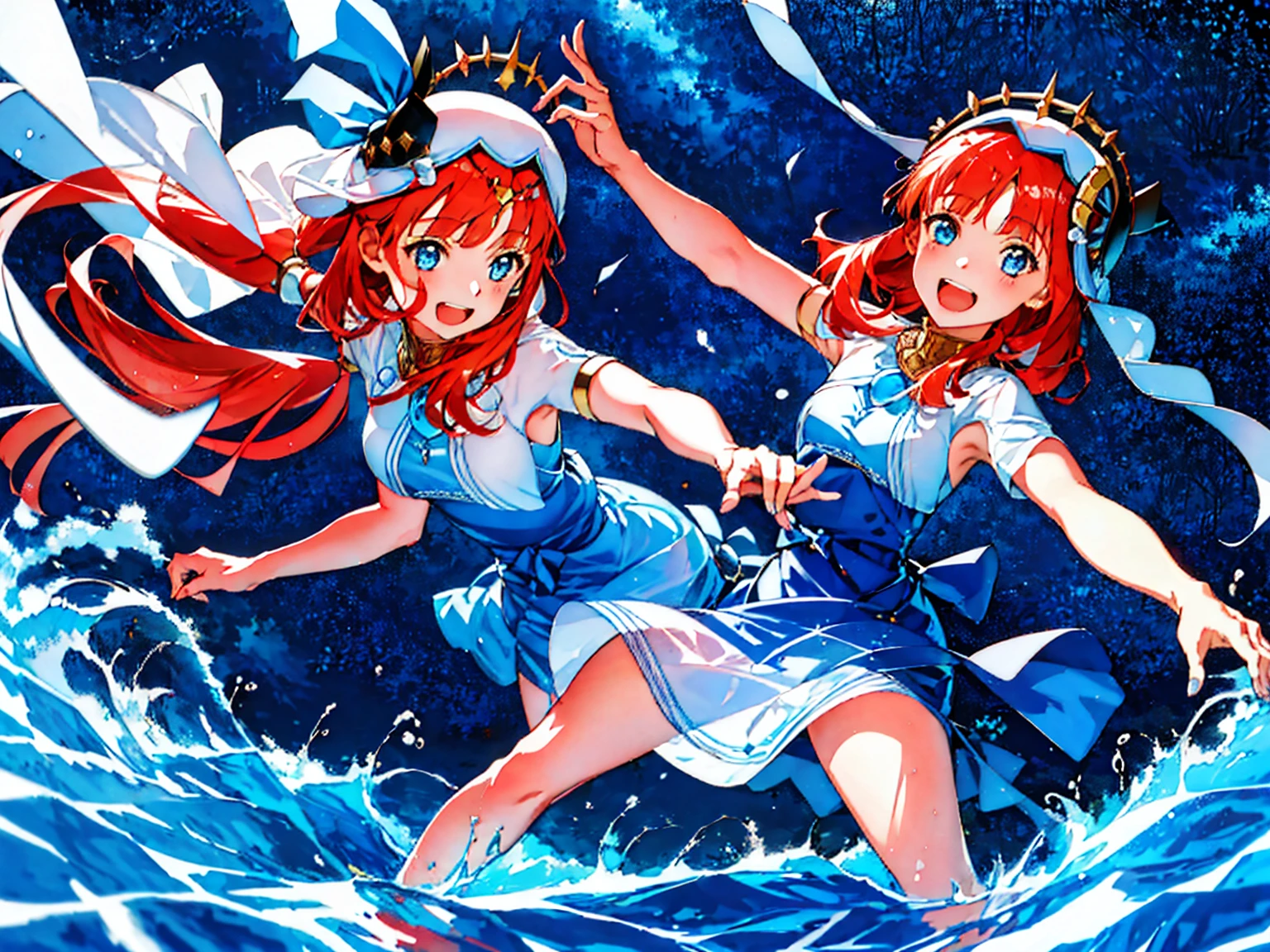 Extremely detailed representation，high quality，16K、8K、high resolution、masterpiece、1 Girl、Please open your mouth wide、Please laugh out loud、Beautiful Teeth,Look up at the starry sky,Floating on the surface of the water,Floating on water,stars shining on the water surface,Calm water surface,White Dress,Redhead