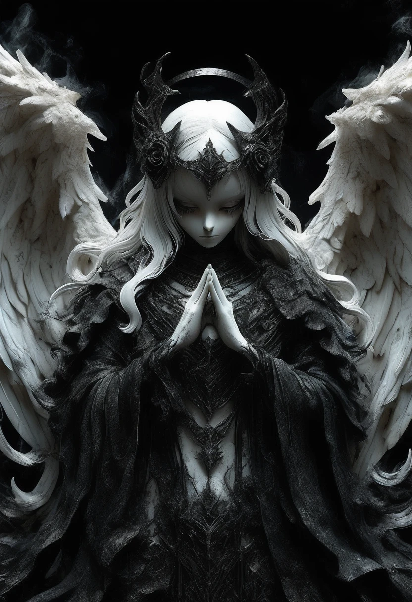 Painting of the dark fallen angel Lucifer surrounded by dark wings, Black and white Mobius strip, White wings twirling and dark angels, Deathcore style, Layered images with subtle irony, Himalayan art