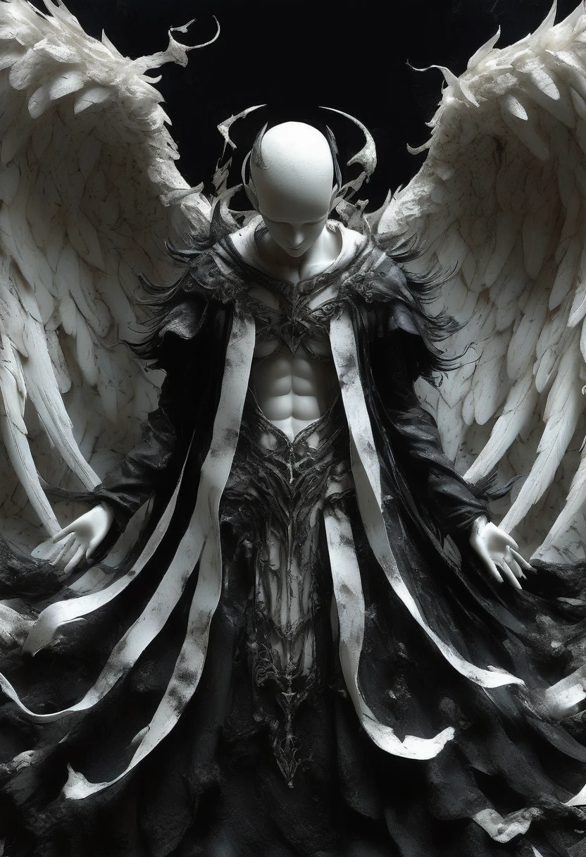 Painting of the dark fallen angel Lucifer surrounded by dark wings, Black and white Mobius strip, White wings twirling and dark angels, Deathcore style, Layered images with subtle irony, Himalayan art