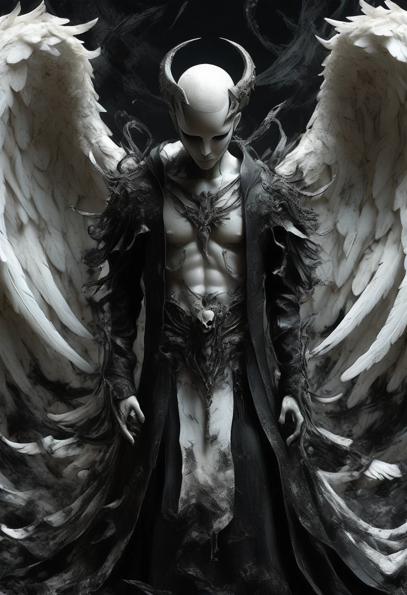 Painting of the dark fallen angel Lucifer surrounded by dark wings, Black and white Mobius strip, White wings twirling and dark angels, Deathcore style, Layered images with subtle irony, Himalayan art