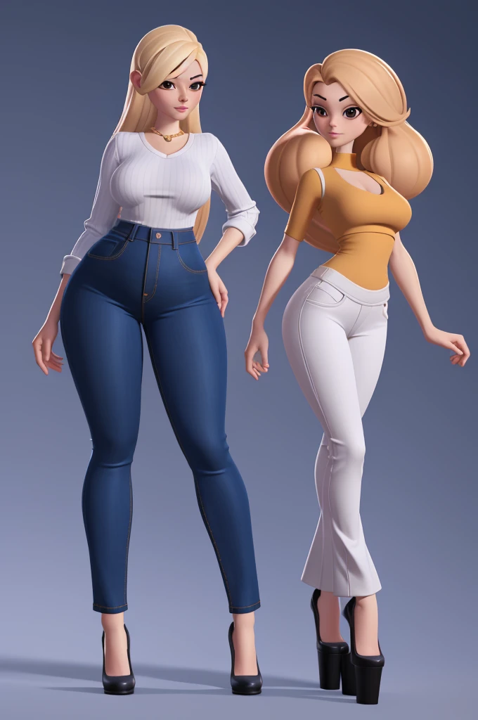 Woman with hair ball, very thin body, very thin legs, hourglass curves, Skinny body, curvy body, curvy figure, hourglass figure, Wide hips, thin legs, voluptuous body, beautiful curves, round ass, Casual clothes, wide trousers, top of pants clinging to your figure, short stature