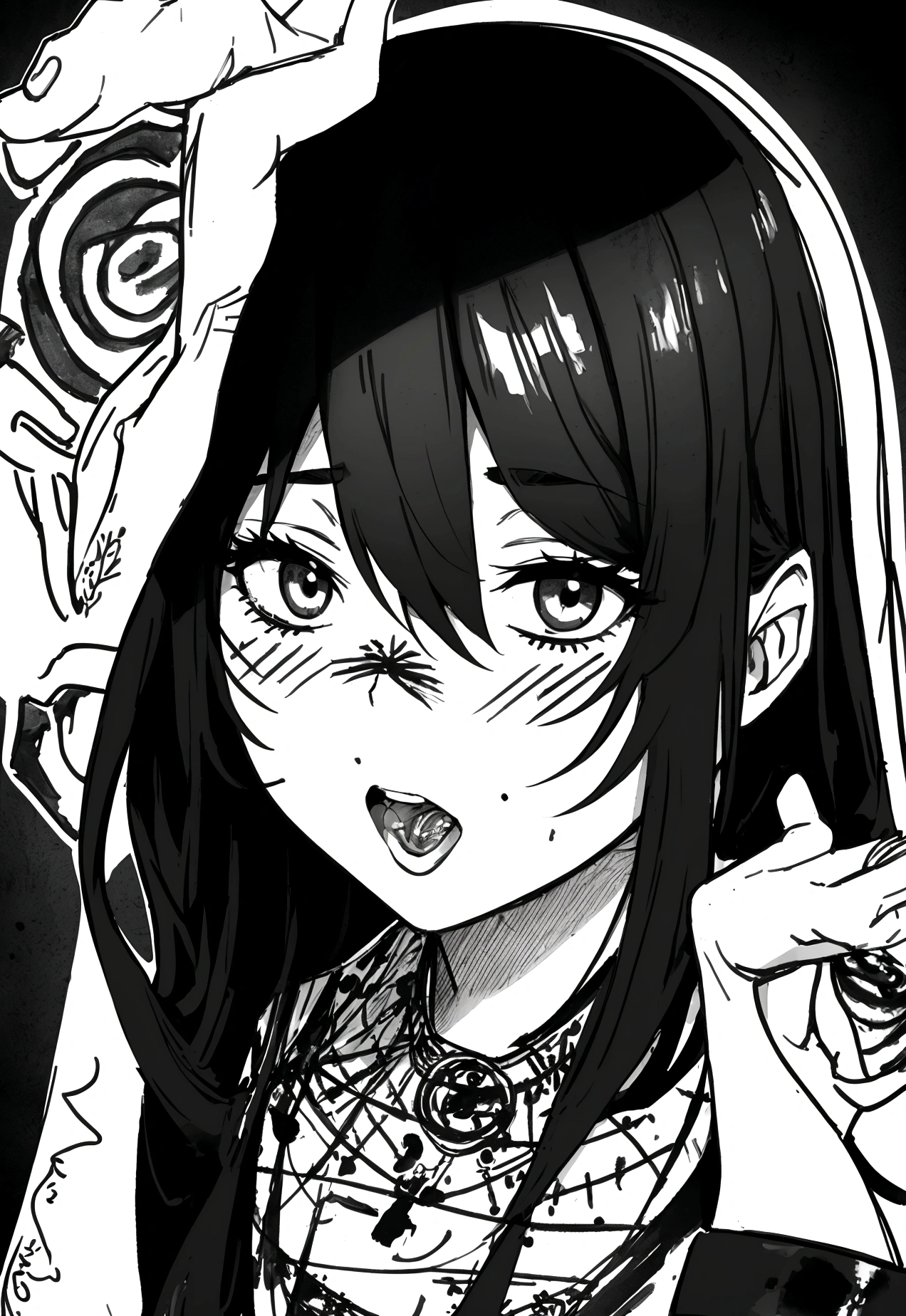 Black and white stick figure 1 girl with flowers, lots of flowers in background, in dress with flowers, its fine ink line art, comic style, portrait of Nezuko Komado, black hair, pink eyes, Hollywood glam, beautiful line art, black and white comic style, manga style, manga art style, standing, contrapposto, thigh highs, illustrative drawing, black and white coloring, ornate border, cleavage, arms behind back,