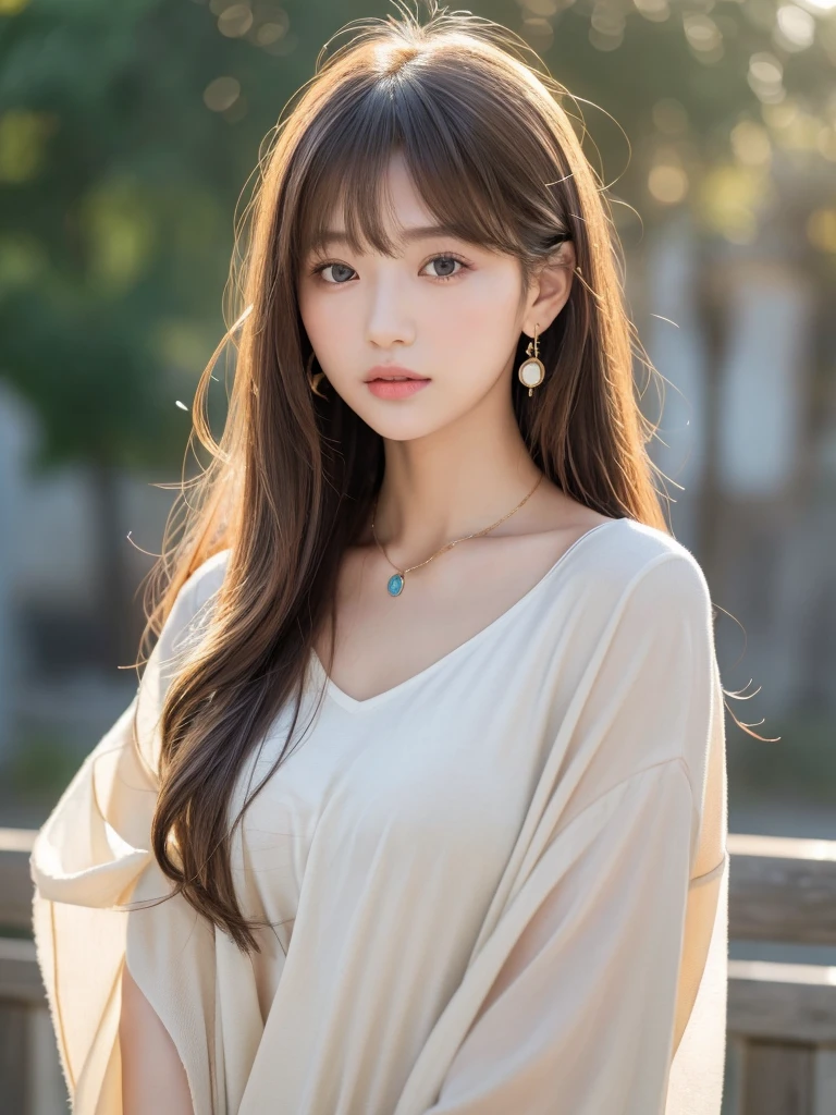 ((Highest quality, 8k, masterpiece:1.3)), concentrate: 1.2, Perfect body beauty: 1.4, Hips: 1.2, ((Long Hair, chest: 1.2)), (Dry clothes: 1.1) , (clear, Simple Background:1.3), Simple clothes: 1.1, Highly detailed face and skin texture,Delicate eyes, double eyelid, Whitened skin, Rough skin、Long Hair、Earrings with bangs、necklace、 solo、Beige coat、White shirt, (((Beautiful girl with cute Japan)))、 ((Beautiful Japanese girl 20 years old))、 ((Baby Face))、 (((Slender body)))、 Upper Body,Face focus、necklace,Simple Background,From above, Realistic Hair、 A photograph was taken:Canon EOS R6、135mm、1/1250 seconds、f2.8、ISO400、(Detailed explanation of the hand)、(Masseter muscle area)、(Exquisite CG)、Long Hair, loose and curly hair、Korean Hair、Long Hair明るいベージュ色、グラデーションハイライトグレージュのゆるふわLong Hairスタイル、