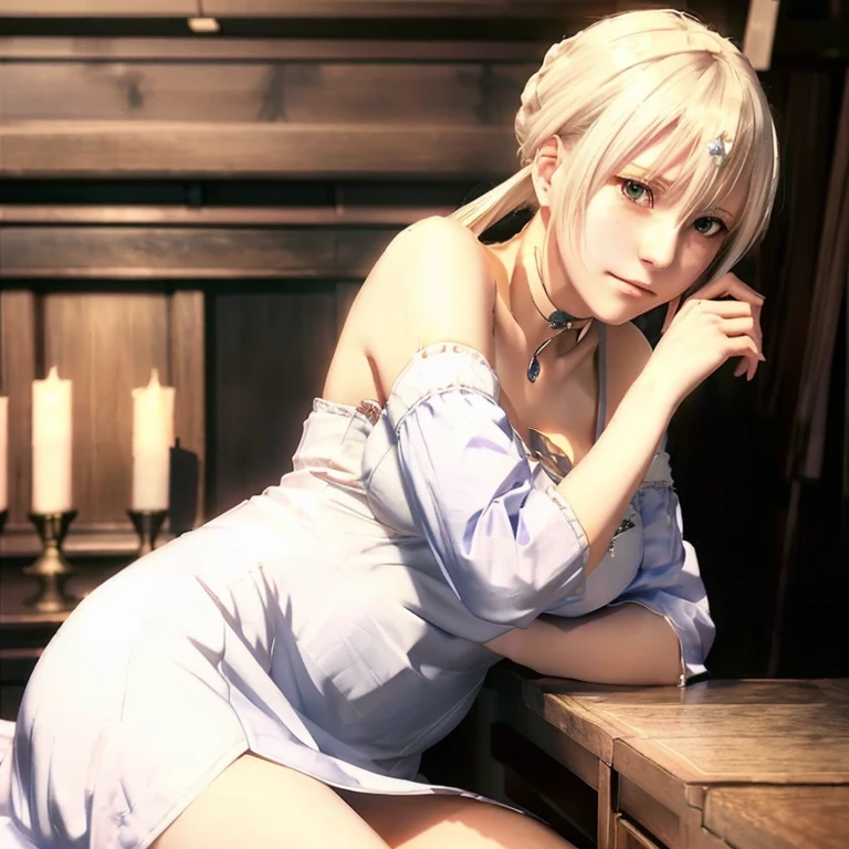 anime girl in white dress leaning on a table with a candle, artoria pendragon, seductive anime girl,  in dress, cushart krenz key art feminine, beautiful alluring anime woman, female anime character, anime style like fate/stay night, smooth anime cg art, ecchi, makoto shinka, anime visual of a cute girl