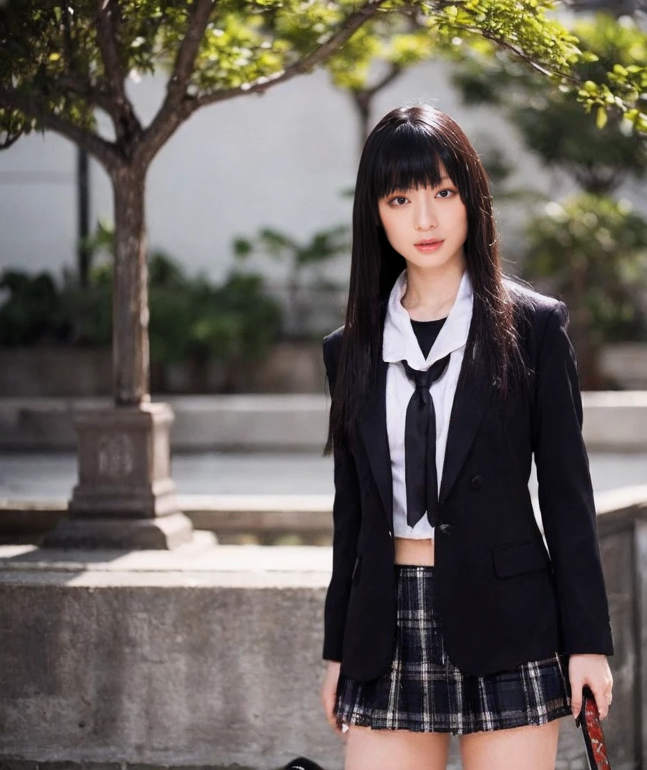 (masterpiece, best quality:1.2), (8k, uhd, ultra high res), professional lighting, (super intricate all details), (super realistic all textures), realistic photo, ultra sharp photo result, superrealism, Lakeside park with sunlight shining through the trees, (school uniform, shirt, skirt), japanese female, 17 years old, , skinny body, flat chest, extremely beautiful face, super detailed face, super real skin, super detailed eyes