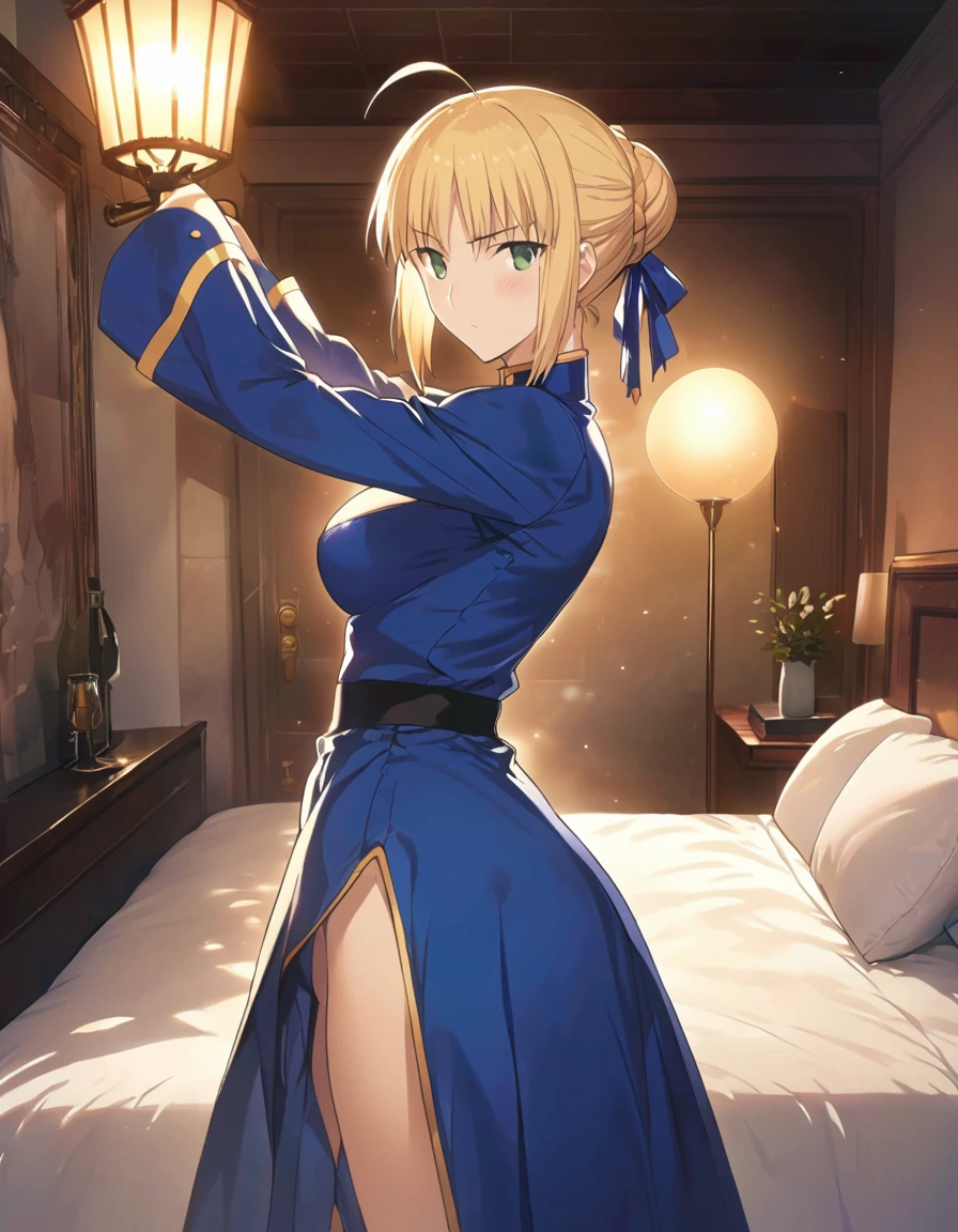 best quality, amazing quality, very aesthetic, 1girl, saber, fate/stay night, 1girl, saber, fate/stay night, , (artist official art:1.5), french braid bun hair, ahoge_hair, green eyes, steaming body, large breasts, jitome, cinematic light, official_blue_long_sleeve_royal_dress, stand_up_straight, arms_behind, on the bedroom, kuudere_face, blush, night, looking_at_viewer, oily_skin, cool