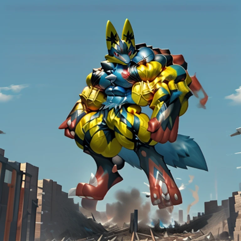 (Solo. masterpiece. official art. 8k. best quality. detailed full body. full body.)
(situation 1 : dominating Shiny_Mega_Lucario. Shiny_Mega_Lucario is over 1000 meters long. focus GIANT mechanical Muscular Shiny_Mega_Lucario is trampling the city. Looking down. macro. stomp. Low-angle perspective. emphasizing the immense size.)
(situation 2 :smoke and flames rising from the destruction in the city)
(Additional details 2: (Detailed head. Detailed Body. Detailed abs. gigantic muscles. HYPER MUSCLES. Gigachad Muscular. big muscle. pecs. triceps. traps. unusually developed muscular body. body full of huge muscles. showing off muscles. pectorales enormes. Exaggeratedly huge muscles. huge muscles. long legs.).