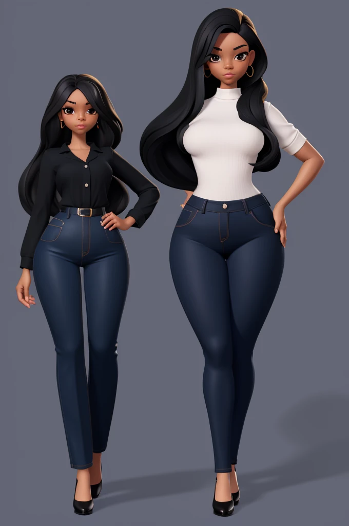 Woman with black hair, very thin body, very thin legs, hourglass curves, Skinny body, curvy body, curvy figure, hourglass figure, Wide hips, thin legs, voluptuous body, beautiful curves, round ass, Casual clothes, wide trousers, top of pants clinging to your figure, short stature