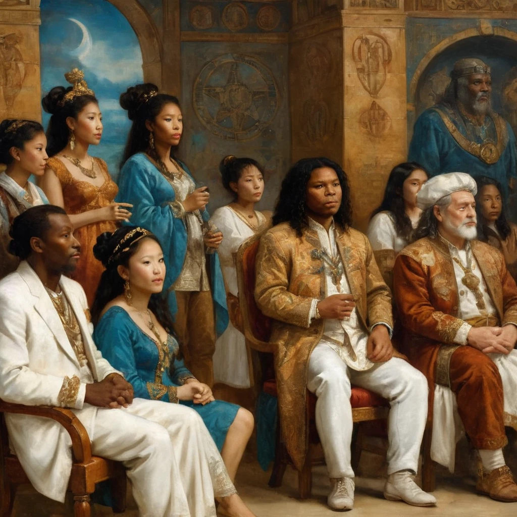 nobles, aristocrats and royalty (de varias ethical negroes, Whites, Asian and indigenous), watching a show at the theater, with luxurious clothes, with different from each other different, in atlantis, an oil painting, inspired by leonardo da vinci, representing the ancient arts, with hermetic symbols, astrologia