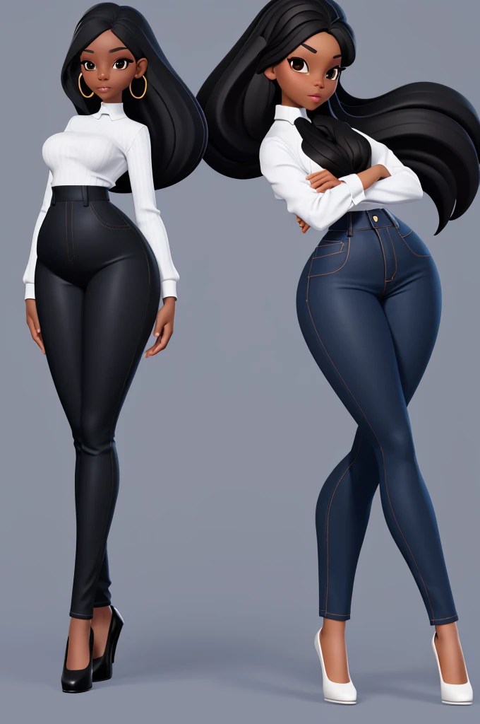 White woman, black hair, very thin body, very thin legs, hourglass curves, Skinny body, curvy body, curvy figure, hourglass figure, Wide hips, thin legs, voluptuous body, beautiful curves, round ass, Casual clothes, wide trousers, top of pants clinging to your figure, short stature