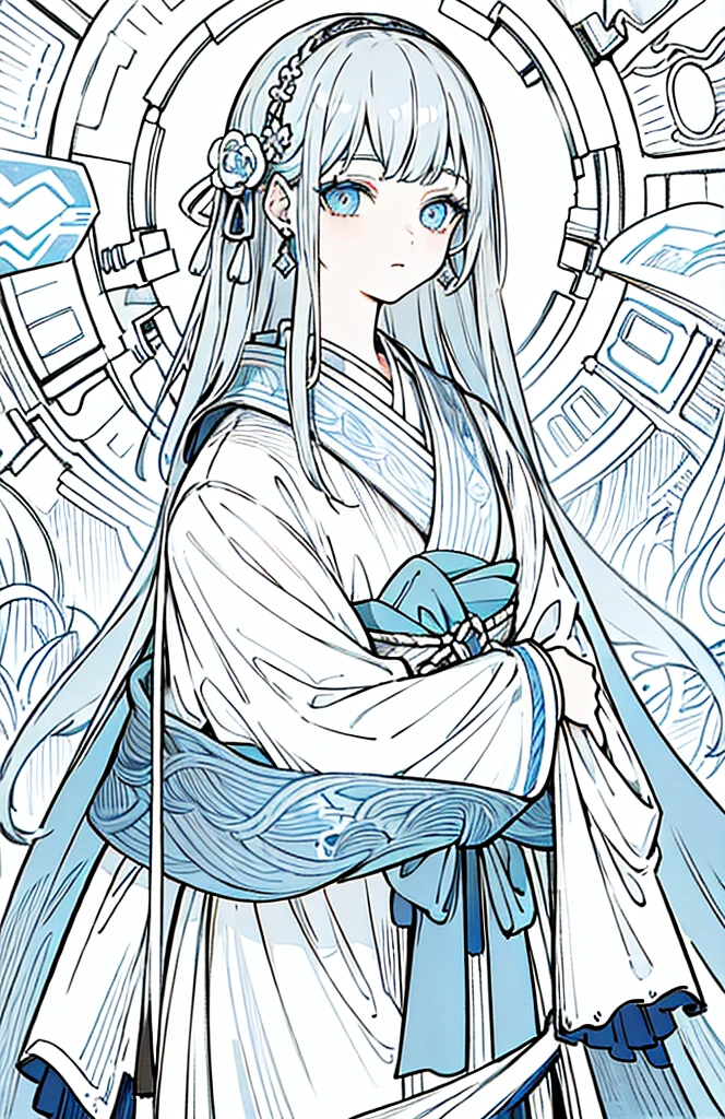 ((Highest quality)), ((masterpiece)), (Get used to it), Perfect Face , beautiful girl ,Gray Hair、White light blue eyes、1 white/light blue hair accessory、Japanese clothing、earrings、Long Hair、upper body,from front,