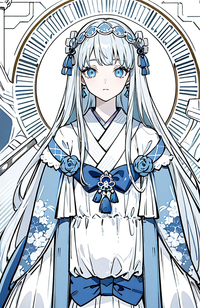 ((Highest quality)), ((masterpiece)), (Get used to it), Perfect Face , beautiful girl ,Gray Hair、White light blue eyes、1 white/light blue hair accessory、Japanese clothing、earrings、Long Hair、upper body,from front,