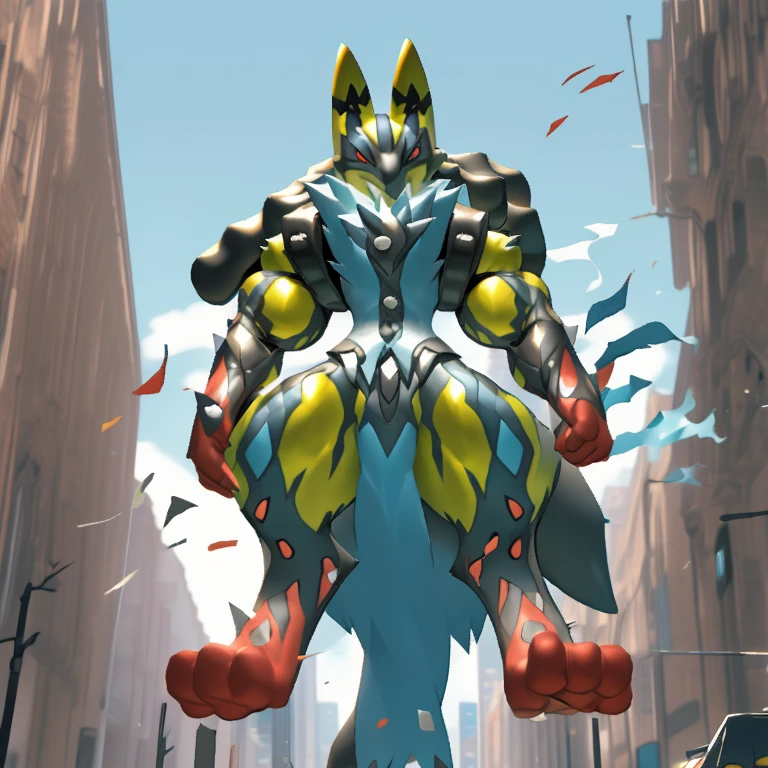 (Solo. masterpiece. official art. 8k. best quality. detailed full body. full body.)
(situation 1 : dominating Shiny_Mega_Lucario. Shiny_Mega_Lucario is over 1000 meters long. focus GIANT mechanical Muscular Shiny_Mega_Lucario is trampling the city. Looking down. macro. stomp. Low-angle perspective. emphasizing the immense size.)
(situation 2 :smoke and flames rising from the destruction in the city)
(Additional details 2: (Detailed head. Detailed Body. Detailed abs. gigantic muscles. HYPER MUSCLES. Gigachad Muscular. big muscle. pecs. triceps. traps. unusually developed muscular body. body full of huge muscles. showing off muscles. pectorales enormes. Exaggeratedly huge muscles. huge muscles. long legs.).