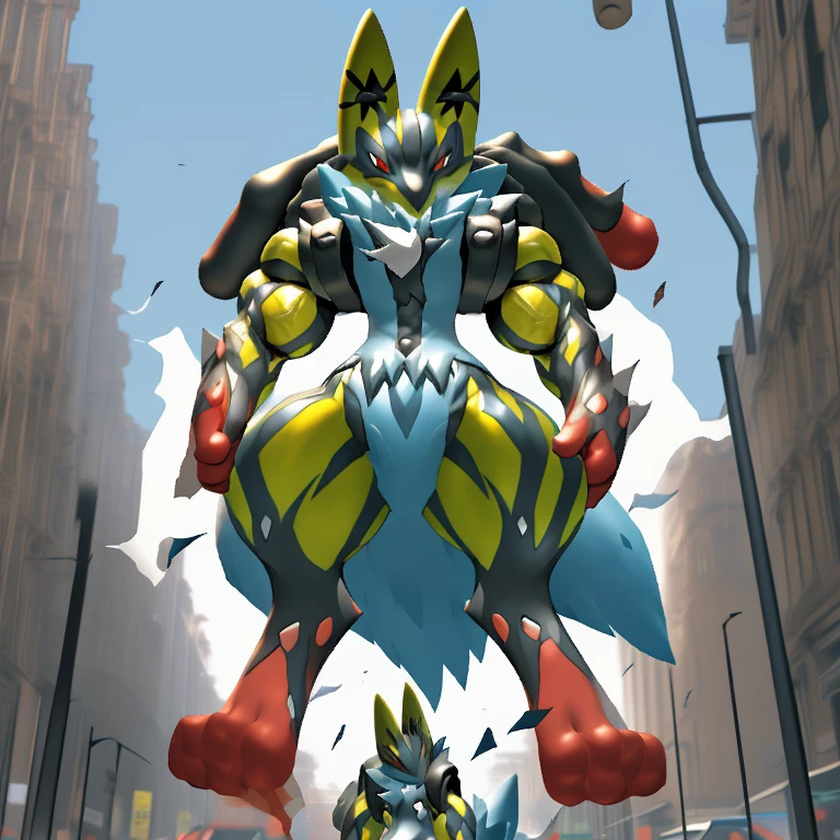 (Solo. masterpiece. official art. 8k. best quality. detailed full body. full body.)
(situation 1 : dominating Shiny_Mega_Lucario. Shiny_Mega_Lucario is over 1000 meters long. focus GIANT mechanical Muscular Shiny_Mega_Lucario is trampling the city. Looking down. macro. stomp. Low-angle perspective. emphasizing the immense size.)
(situation 2 :smoke and flames rising from the destruction in the city)
(Additional details 2: (Detailed head. Detailed Body. Detailed abs. gigantic muscles. HYPER MUSCLES. Gigachad Muscular. big muscle. pecs. triceps. traps. unusually developed muscular body. body full of huge muscles. showing off muscles. pectorales enormes. Exaggeratedly huge muscles. huge muscles. long legs.).