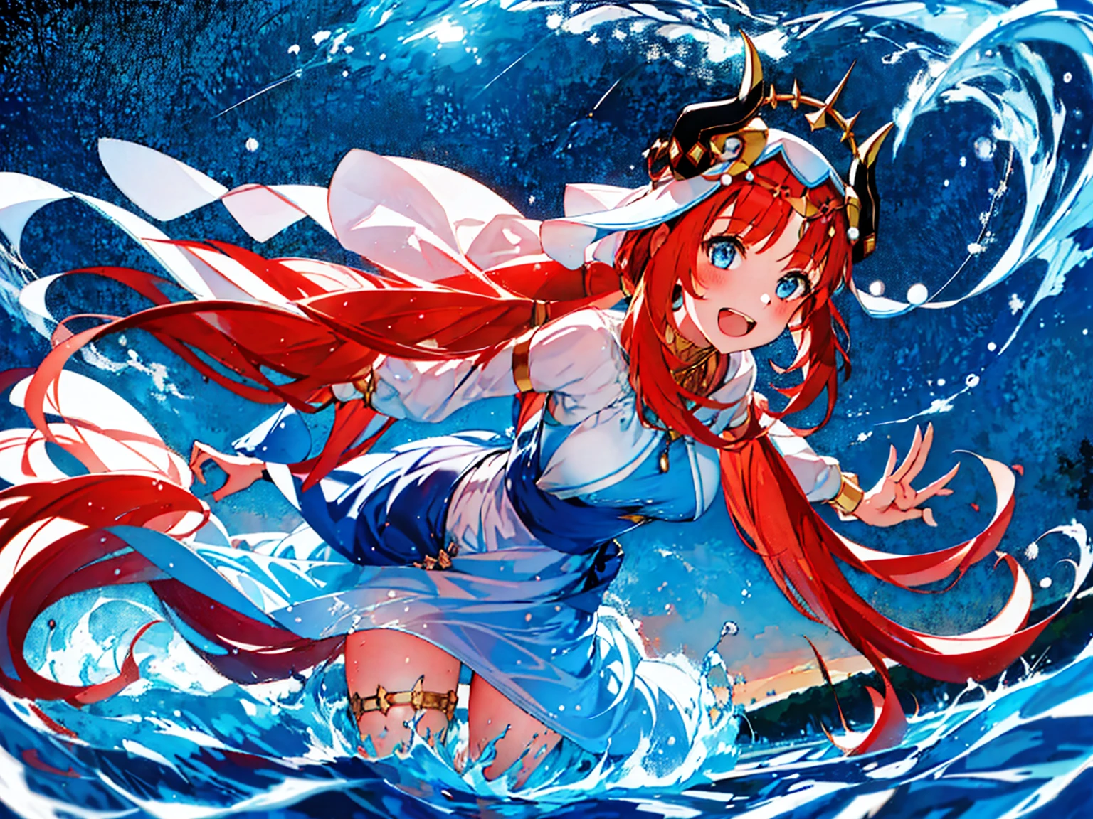 Extremely detailed representation，high quality，16K、8K、high resolution、masterpiece、1 Girl、Please open your mouth wide、Please laugh out loud、Beautiful Teeth,Look up at the starry sky,Floating on the surface of the water,Floating on water,stars shining on the water surface,Calm water surface,White Dress,Redhead,Black two horns