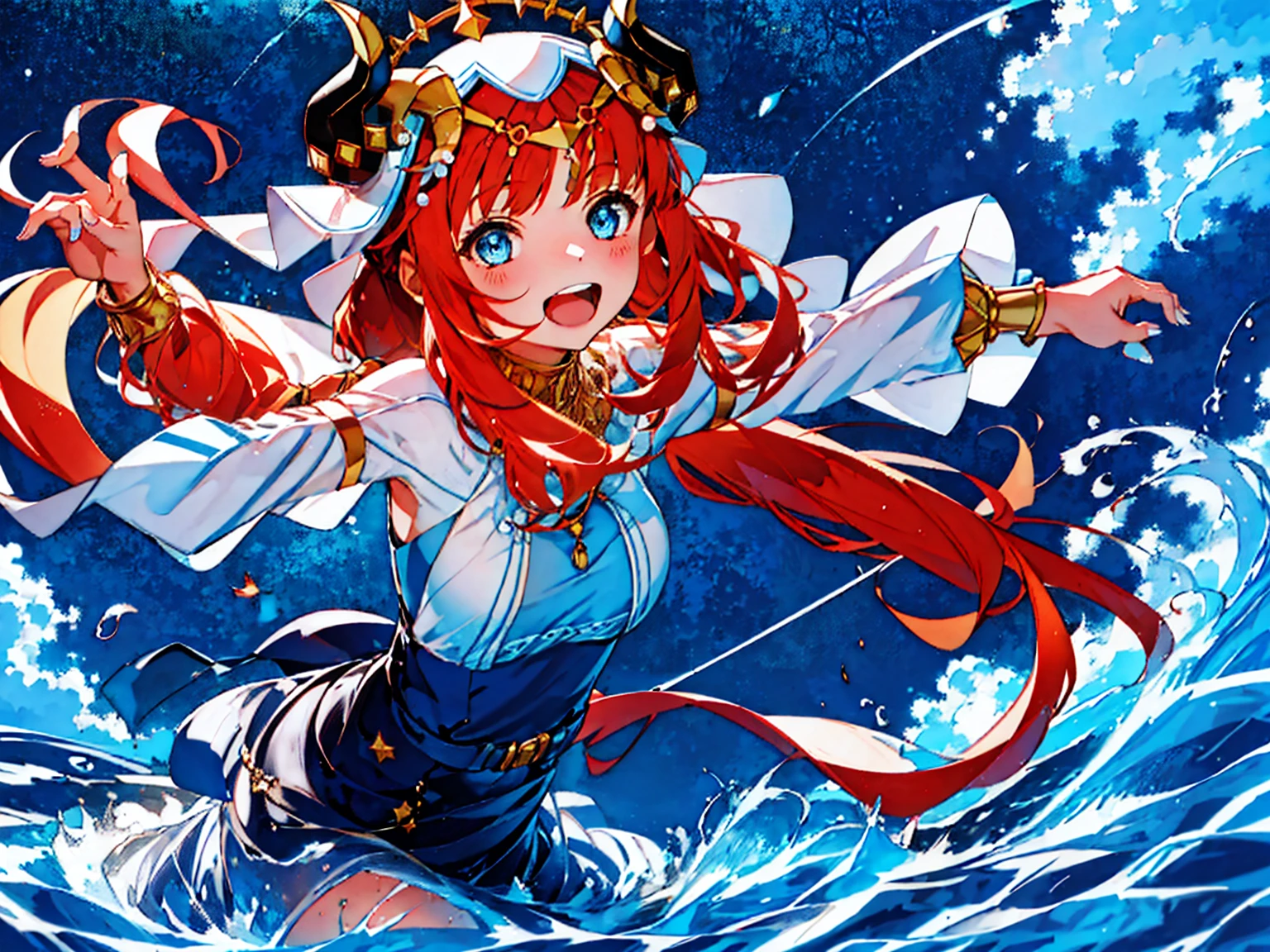 Extremely detailed representation，high quality，16K、8K、high resolution、masterpiece、1 Girl、Please open your mouth wide、Please laugh out loud、Beautiful Teeth,Look up at the starry sky,Floating on the surface of the water,Floating on water,stars shining on the water surface,Calm water surface,White Dress,Redhead,Black two horns