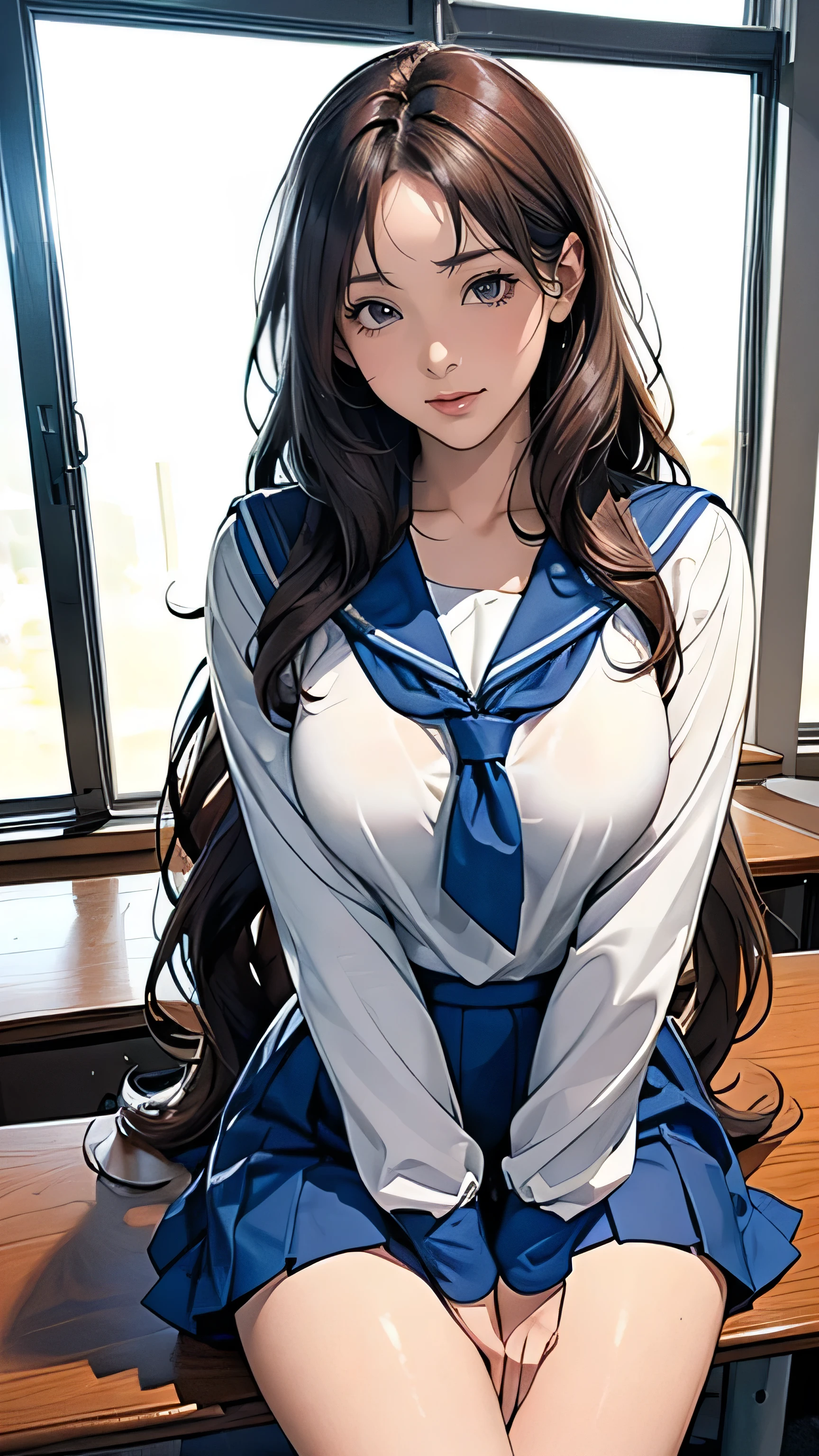 ((a man and girl:1.6)), ((she is Super long brown hair,Hair with loose waves inside, 23 years old,superlong hair:1.6)). ((He is brutal,brunette short hair,34 years old:1.6)), ((4k, Raw photo, highest quality, Depth of the bounds written, ultra high resolution:1.5)), man is embracing a beautiful woman from behind, his right hand touching her chest and his left hand on her groin. The woman lightly touches the man's arm, showing a hint of resistance but also wearing a blissful expression, gasping in pleasure. The expression on your face when you feel intense caress, Facial expression when feeling pleasure,close her mouth,close her eyes Furrow her brows with pleasure、Super long brown hair,Hair with loose waves inside,wearing student clothes、Long sleeve sailor suit worn by Japan 、blue cuffs、Dark blue mini pleated skirt, white socks、Black loafers,in highschool class room,look down at the viewer,arms up