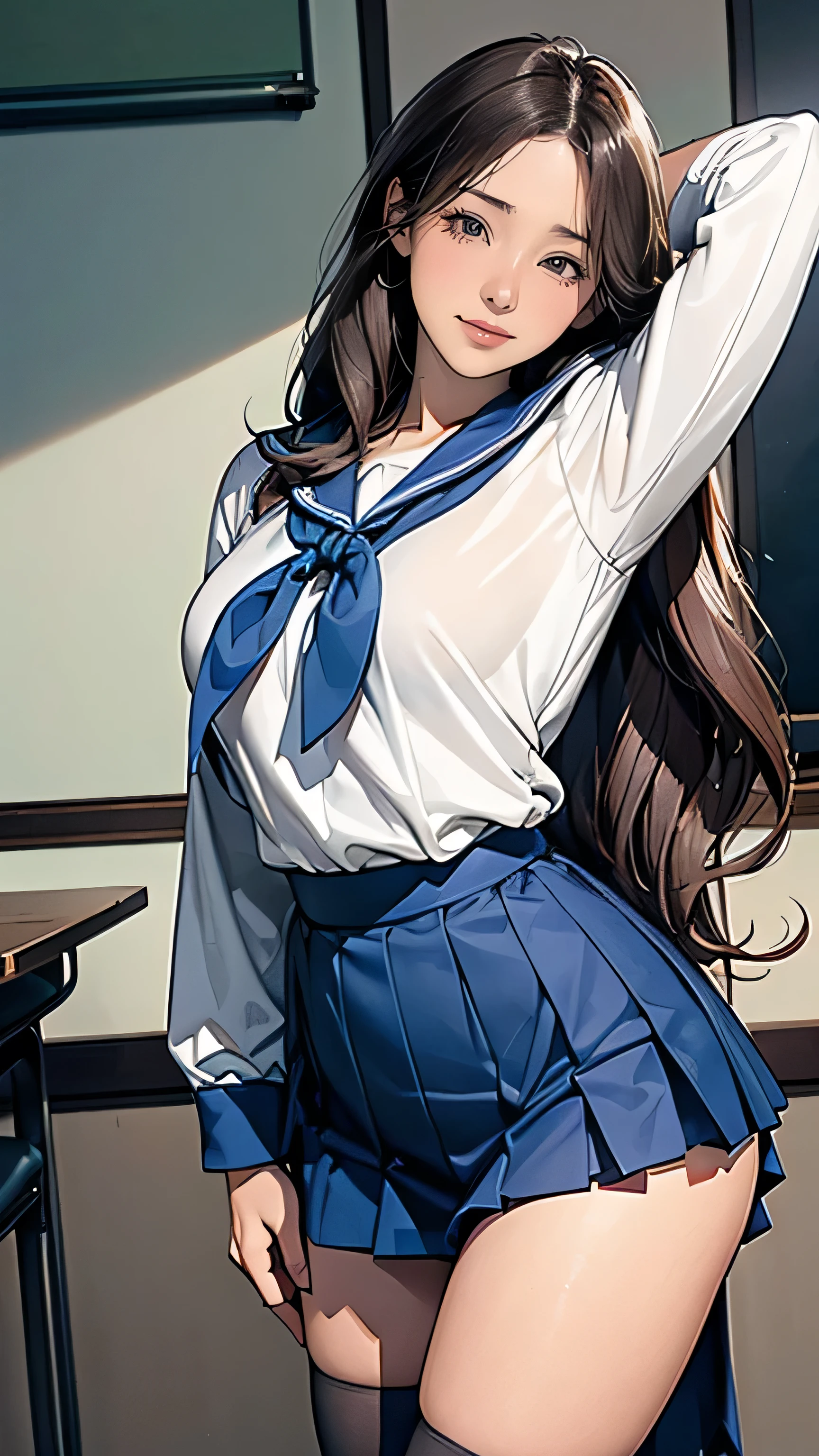((a man and girl:1.6)), ((she is Super long brown hair,Hair with loose waves inside, 23 years old,superlong hair:1.6)). ((He is brutal,brunette short hair,34 years old:1.6)), ((4k, Raw photo, highest quality, Depth of the bounds written, ultra high resolution:1.5)), man is embracing a beautiful woman from behind, his right hand touching her chest and his left hand on her groin. The woman lightly touches the man's arm, showing a hint of resistance but also wearing a blissful expression, gasping in pleasure. The expression on your face when you feel intense caress, Facial expression when feeling pleasure,close her mouth,close her eyes Furrow her brows with pleasure、Super long brown hair,Hair with loose waves inside,wearing student clothes、Long sleeve sailor suit worn by Japan 、blue cuffs、Dark blue mini pleated skirt, white socks、Black loafers,in highschool class room,look down at the viewer,arms up