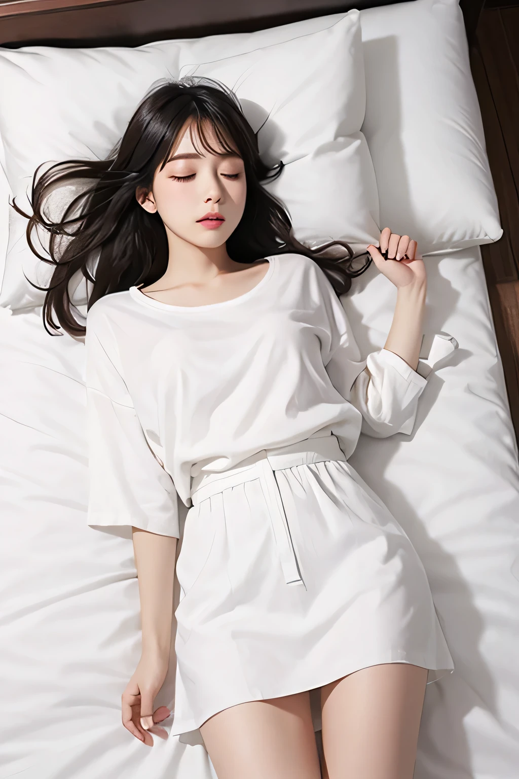 girl, long black wavy hair, sad expression, sit in bed, wearing white oversize t-shirt, grey jogger pants, ultra realistic, UHD, ultra detailed