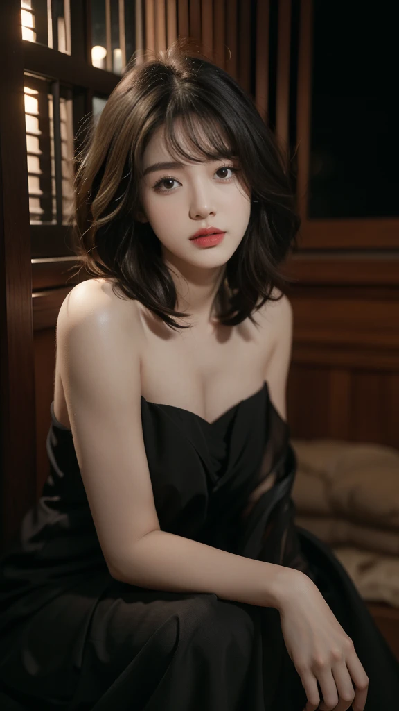 best quality, masterpiece, high_res, 1girl, hair ornament, necklace, jewelry, Beautiful face, tyndall effect, photo realistic, rim lighting, two tone lighting, (high detailed skin:1.2), 8k uhd, dslr, soft lighting, high quality, volumetric lighting, candid, Photograph, high resolution, 4k, 8k, Bokeh, medium breasts, lingerie pijamas, nipple, absurdres, shirt, short curly hair, hair on shoulder, short fang