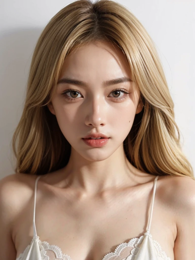 1girll,European people,mixed race,年轻,A picture,Solo,Realistic,Light blonde,Breasts,vests,Upper body,Simple background
